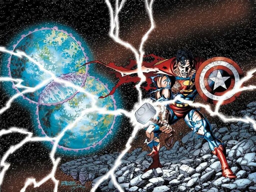 Superman wielding Thor's Hammer and Captain America's shield