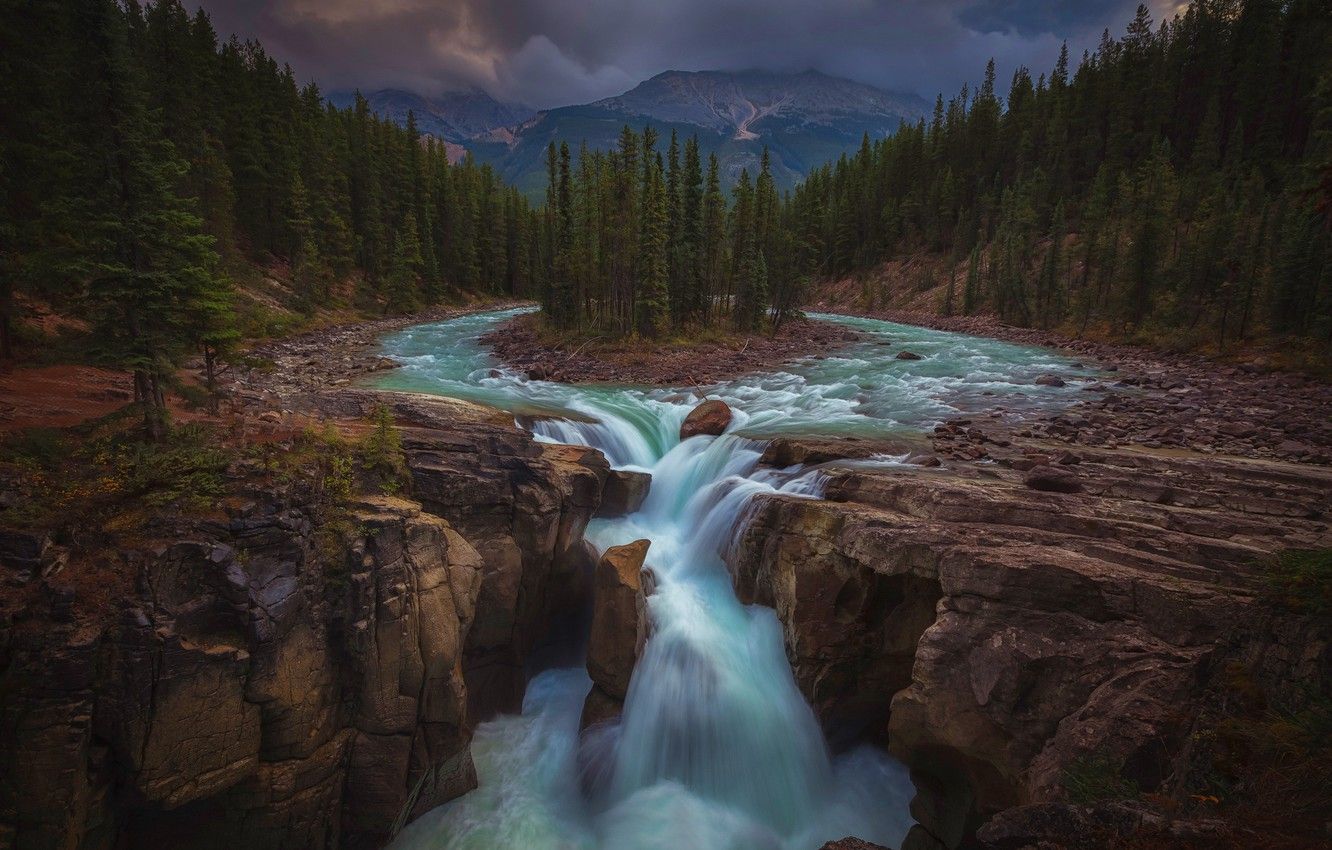Wallpaper forest, trees, mountains, river, waterfall, Canada
