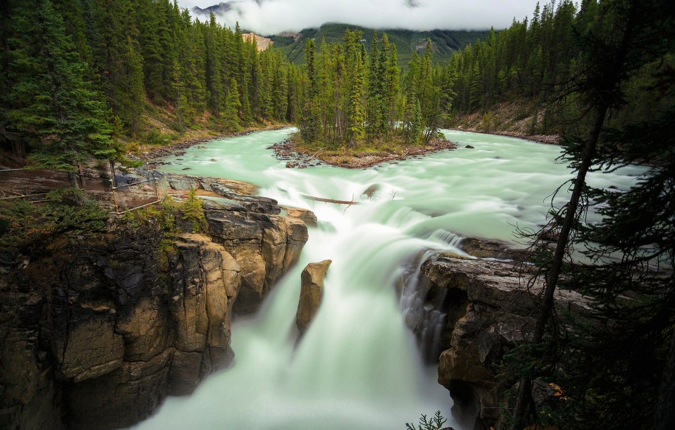 Wallpaper forest, trees, river, rocks, waterfall, Canada, Albert