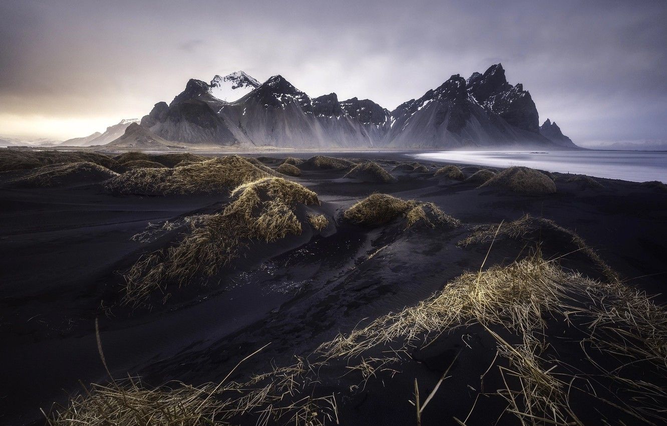 Wallpaper beach, mountains, clouds, mountain, Iceland, black Sands