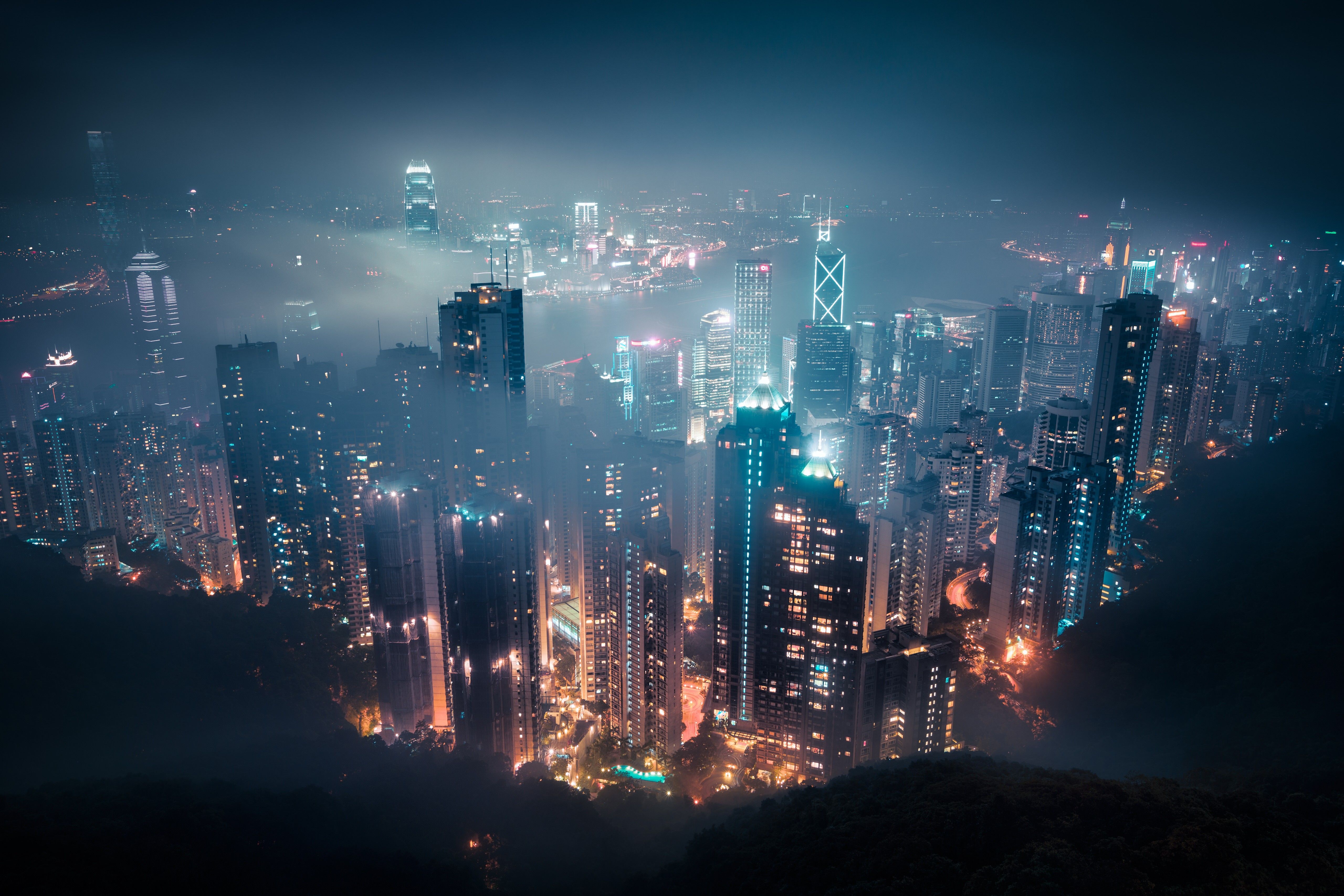 #night, #cityscape, #Hong Kong, #mist, wallpaper. Mocah