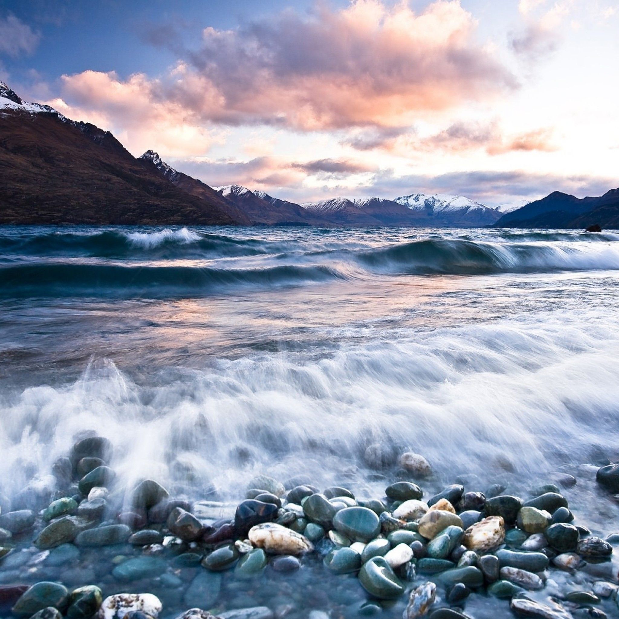 Stones Beach Wave Mountains Clouds iPad Air Wallpaper Free Download