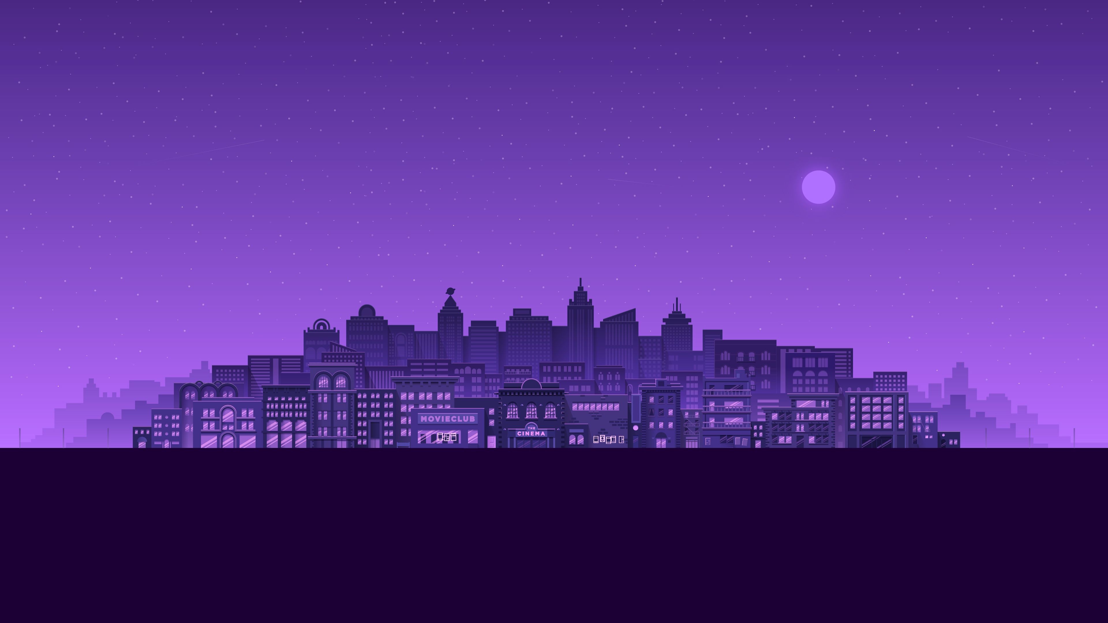 Purple Moon Stars Buildings City Minimal 4k, HD Artist, 4k