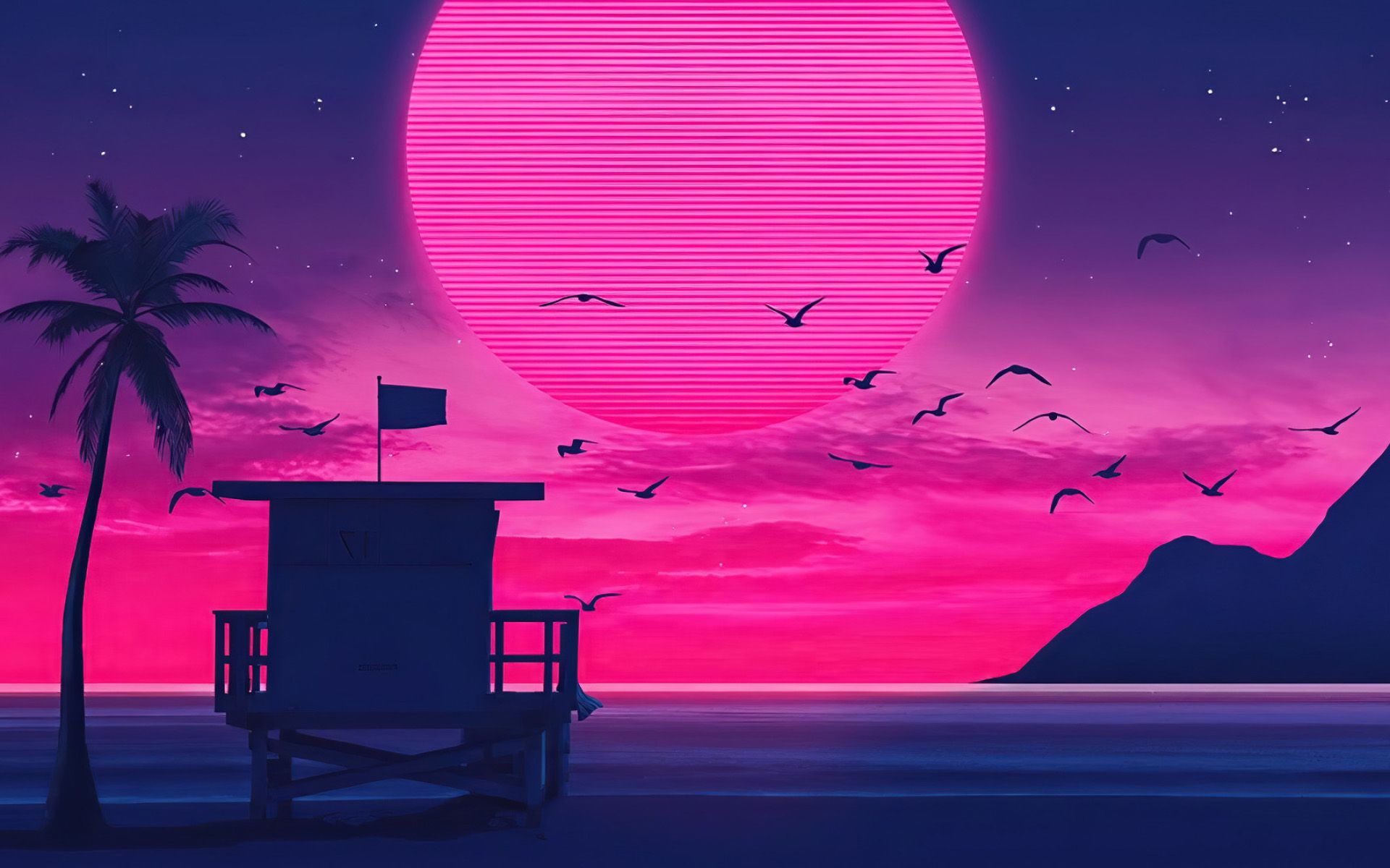 Download wallpaper abstract sunset, beach, purple moon, lifeguard