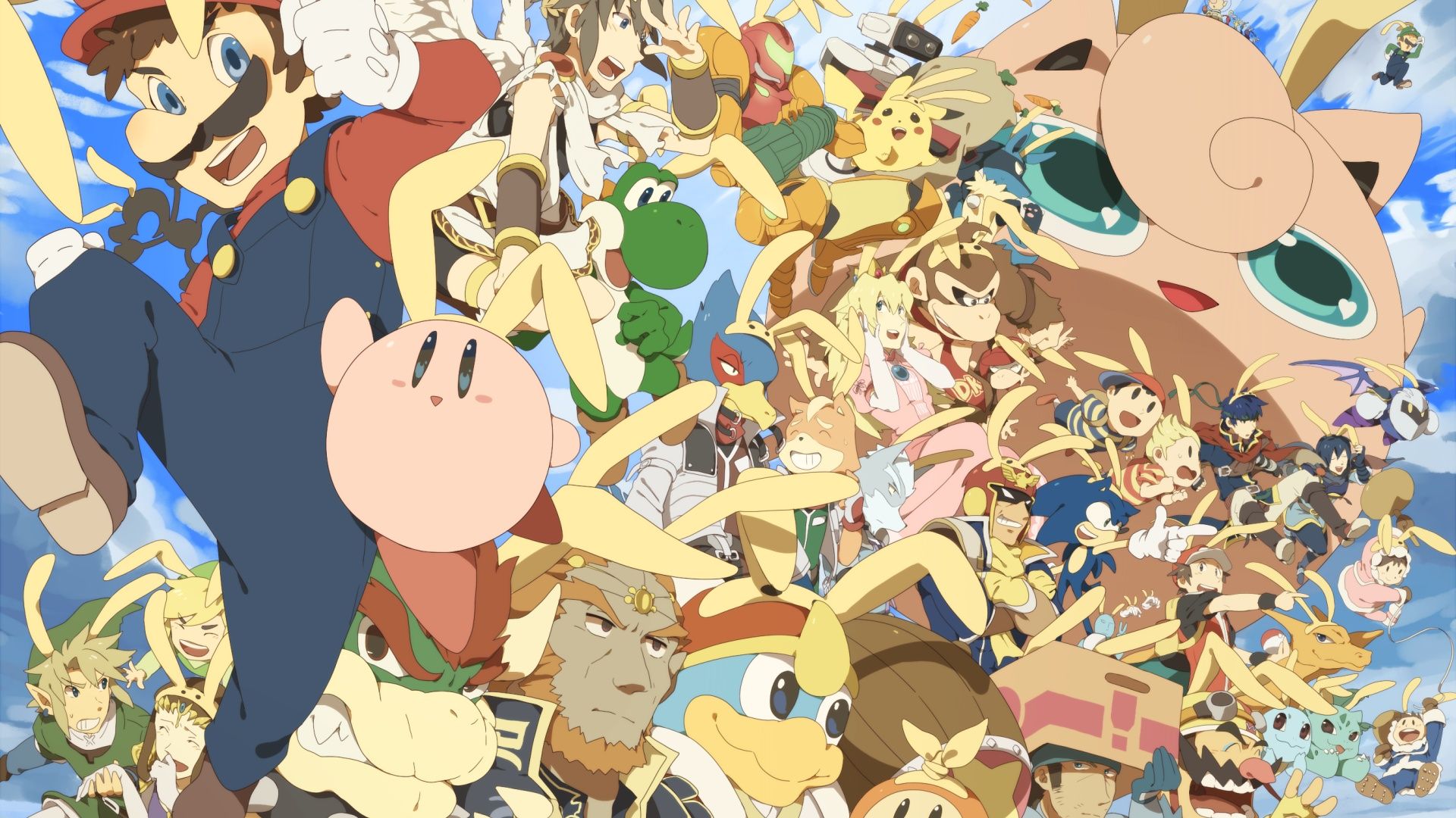 Kirby, Link, Mario, Ivysaur, Pikachu, Ganondorf, Samus Aran