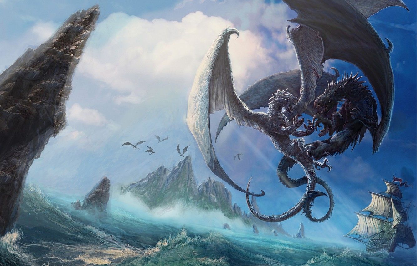 Wallpaper The ocean, Sea, Dragon, Monsters, Rocks, Ship, Battle, Dragon, Art, Art, Dragons, Fiction, Characters, Walter Brocca, by Walter Brocca, Whjndgard image for desktop, section фантастика
