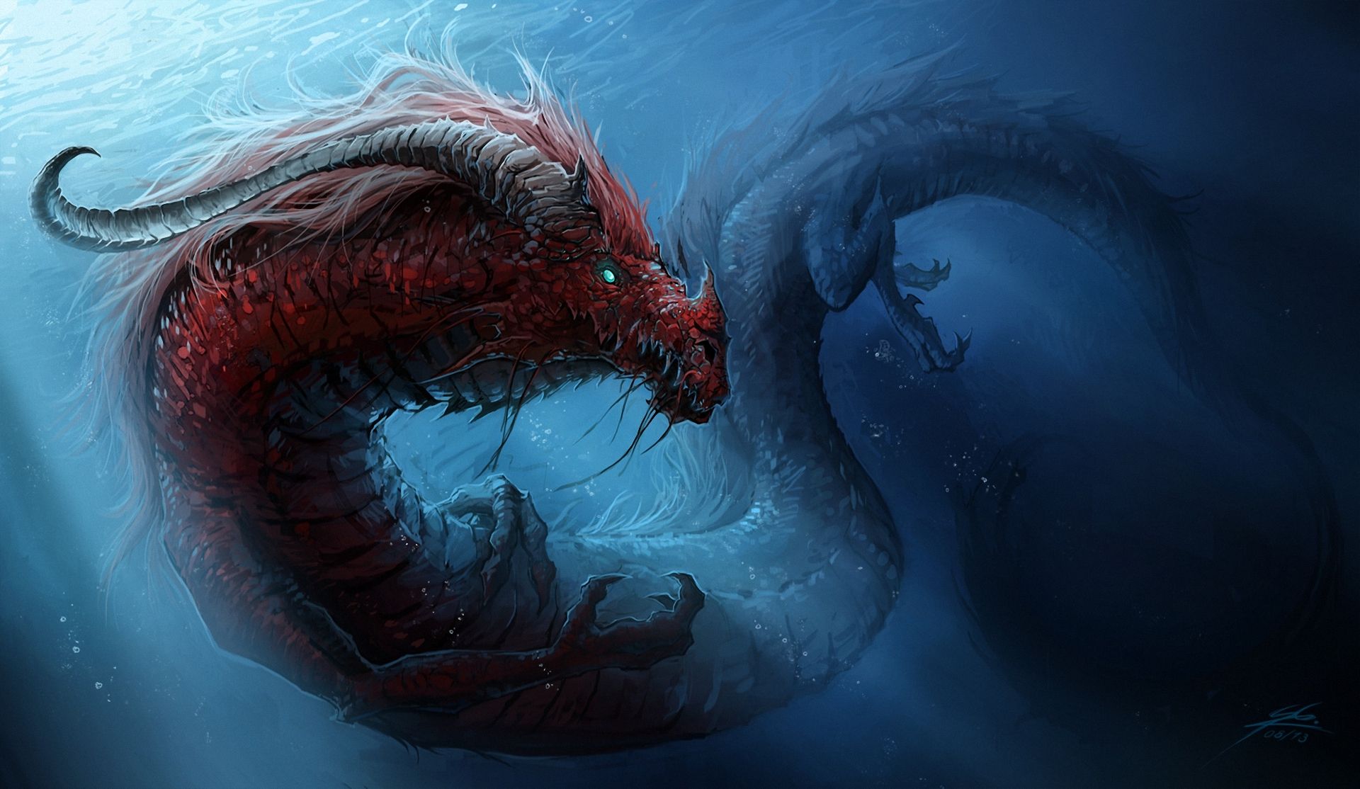Red Sea Dragon With Great Horns Fantasy Artwork