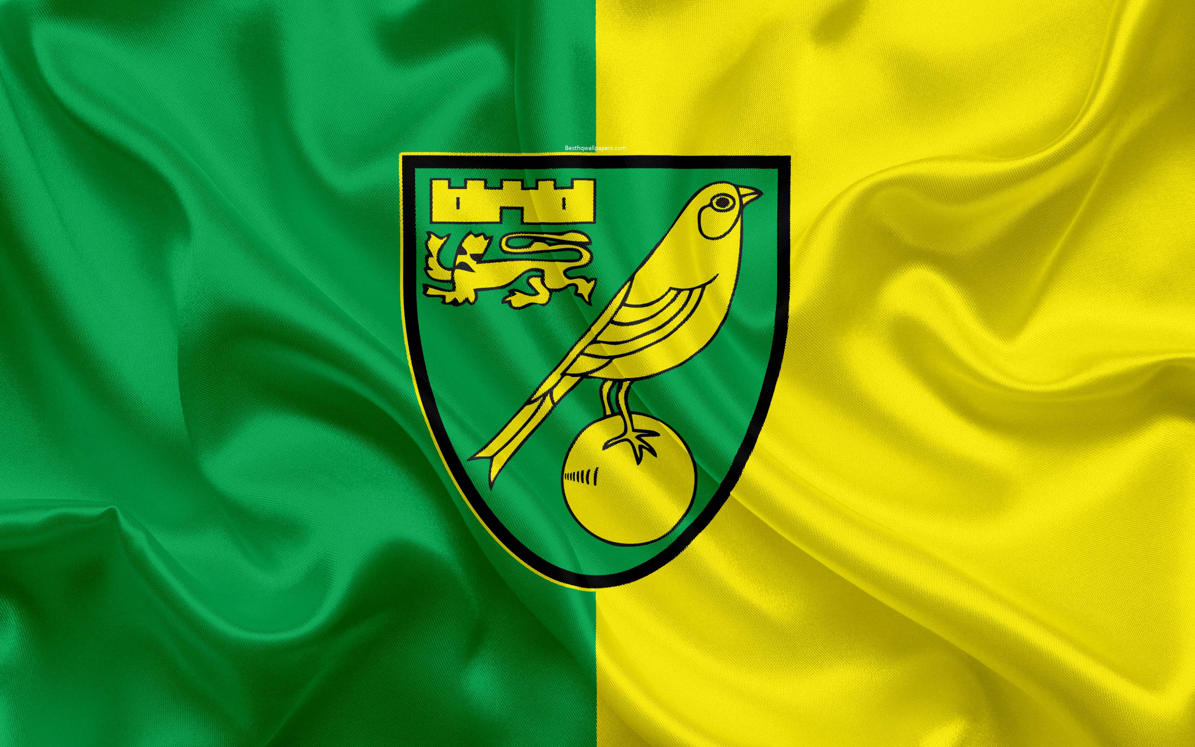 Download wallpaper Norwich City FC, silk flag, emblem, logo, 4k