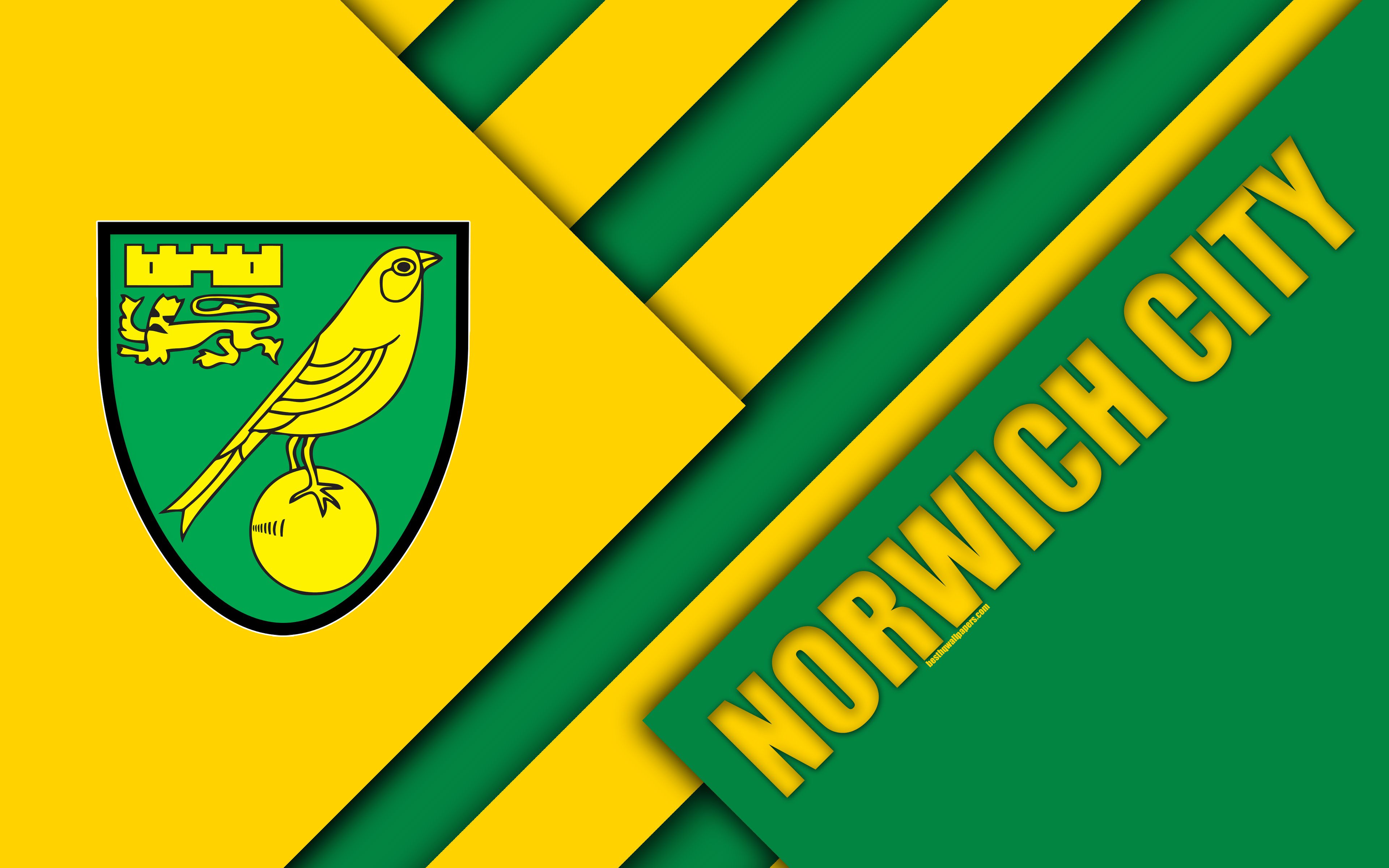 Download wallpaper Norwich City FC, logo, 4k, yellow green abstraction, material design, English football club, Norwich, England, UK, football, EFL Championship for desktop with resolution 3840x2400. High Quality HD picture wallpaper