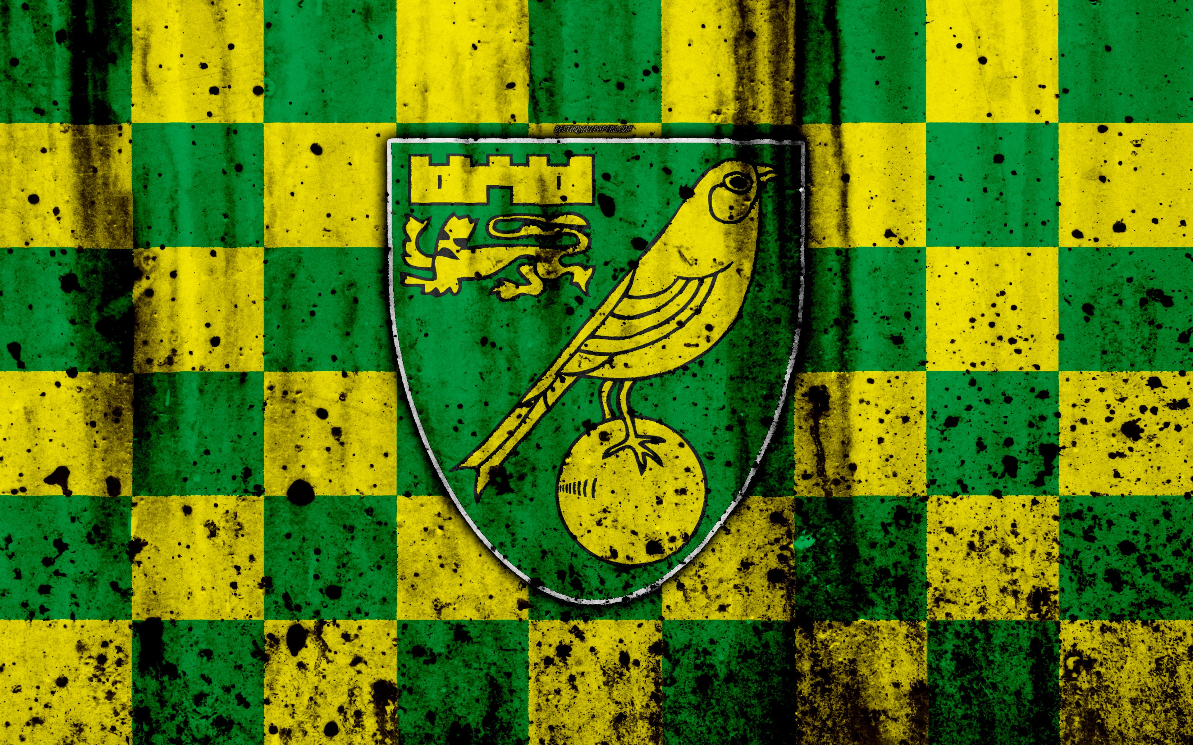 Download wallpaper 4k, FC Norwich City, grunge, EFL Championship, art, soccer, football club, England, Norwich City, logo, stone texture, Norwich City FC for desktop with resolution 3840x2400. High Quality HD picture wallpaper