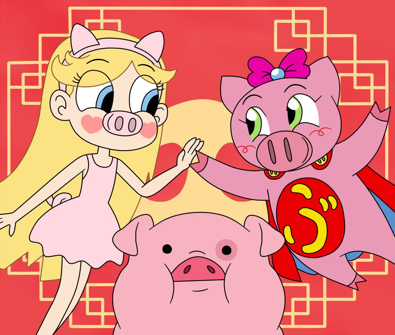 Star, Super Pig, And Waddles In Chinese New Year By Deaf Machbot