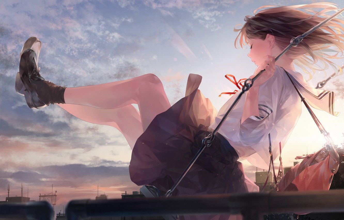Wallpaper girl, sunset, swing image for desktop, section арт