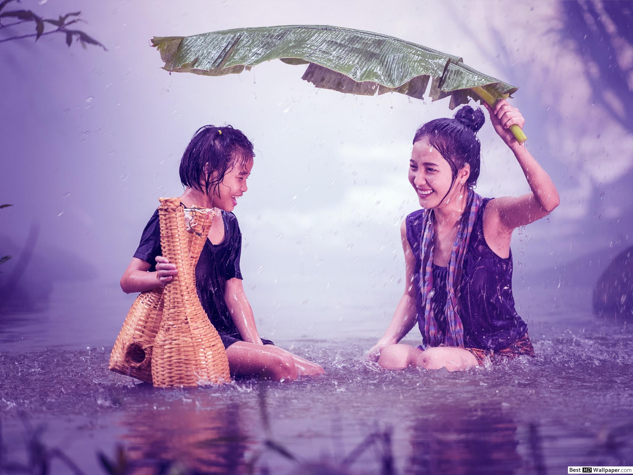 Mother and Daughter soaking in the rain HD wallpaper download