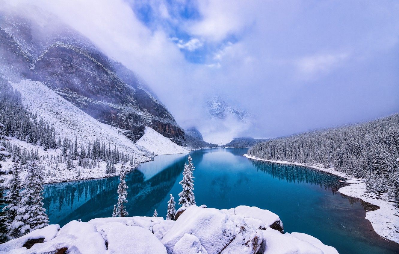 Wallpaper winter, forest, mountains, lake, Canada, Albert, Banff