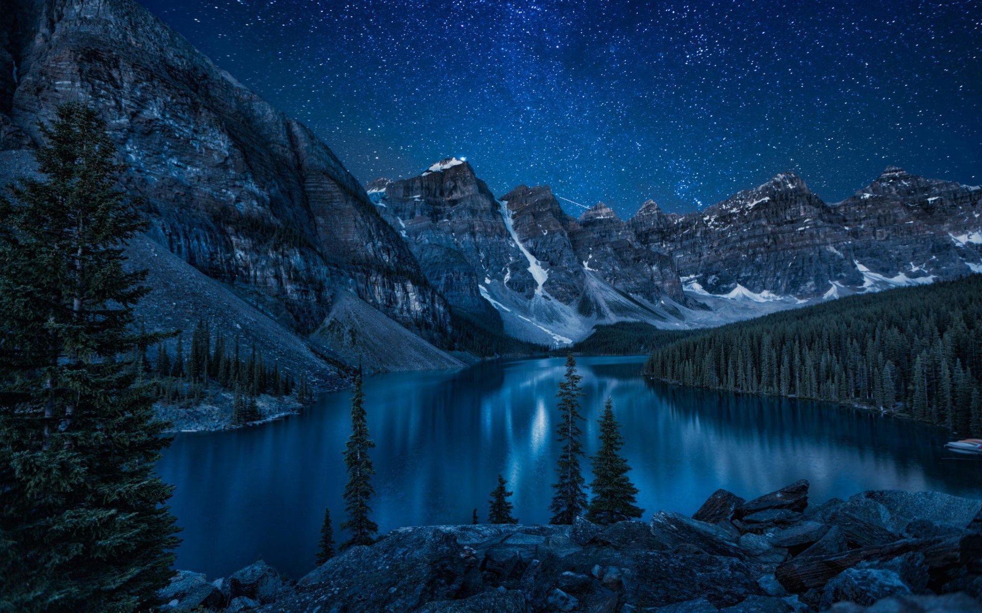 Wallpaper mountains, forest, lake, night, Banff National Park, Moraine, alberta, canada desktop wallpaper Nature GoodWP.com