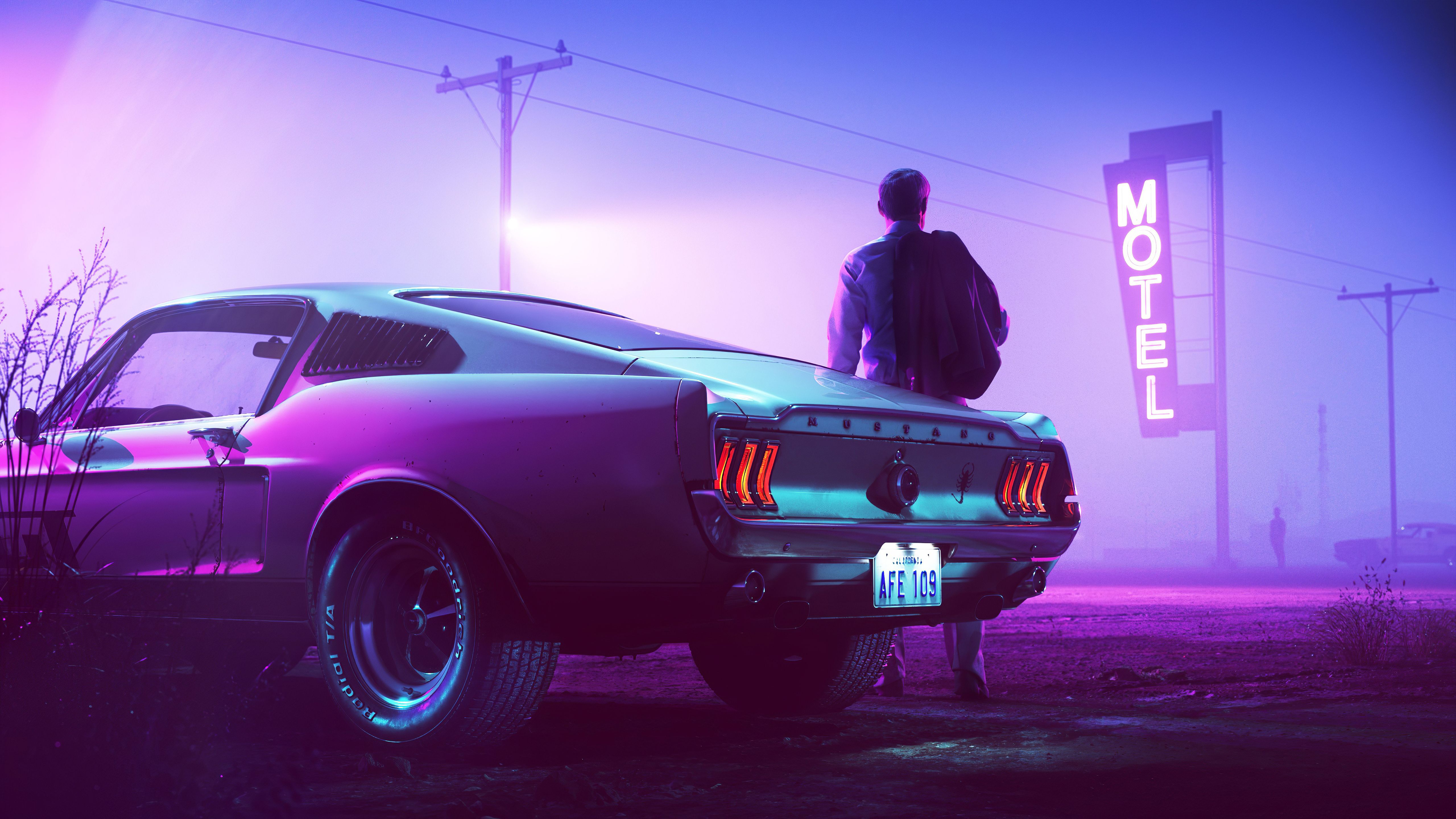 Retrowave Neon Mustang Driver 5K Wallpaper