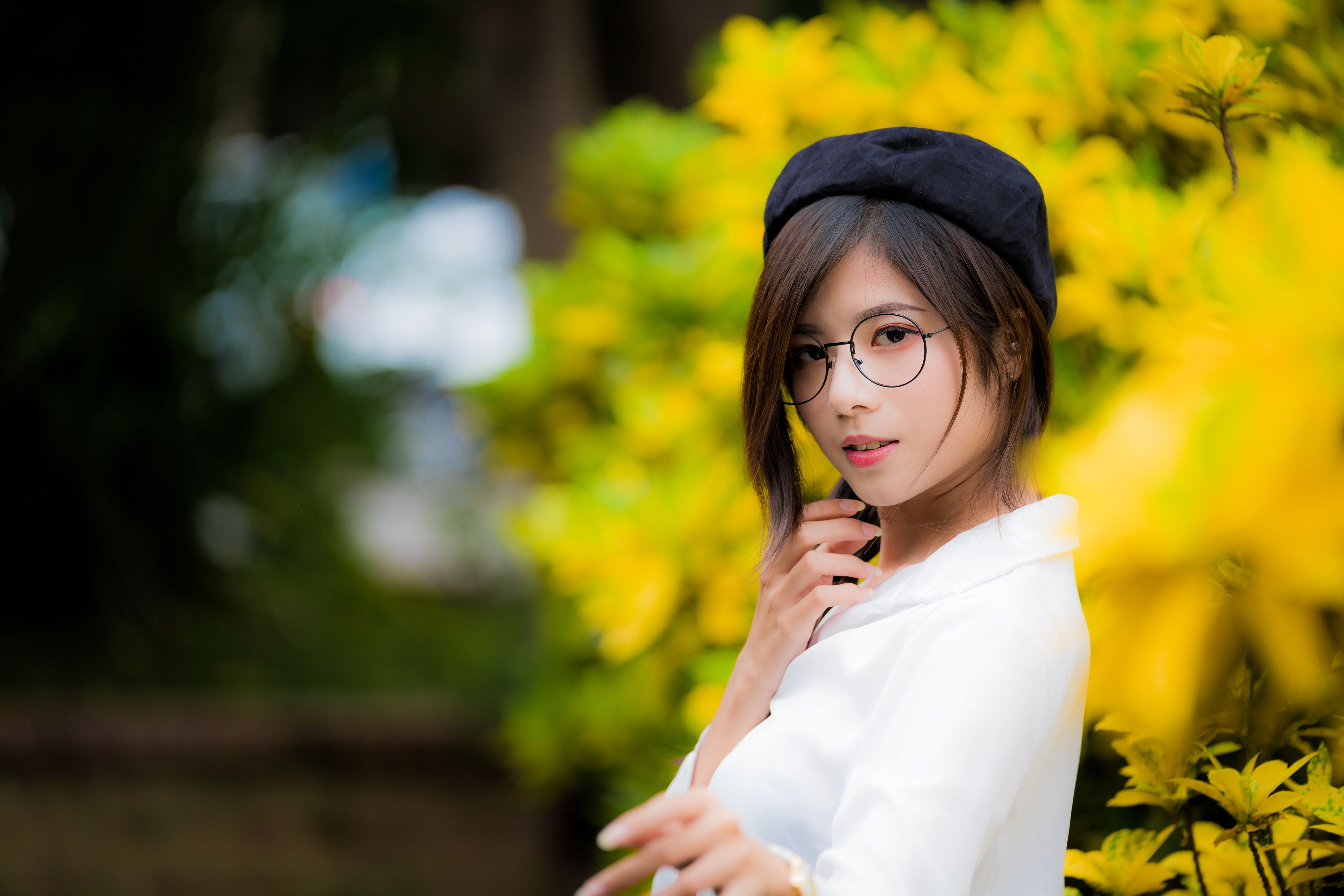 Asian Brunette Depth Of Field Girl Glasses Hat Model Short Hair Woman wallpaperx2668