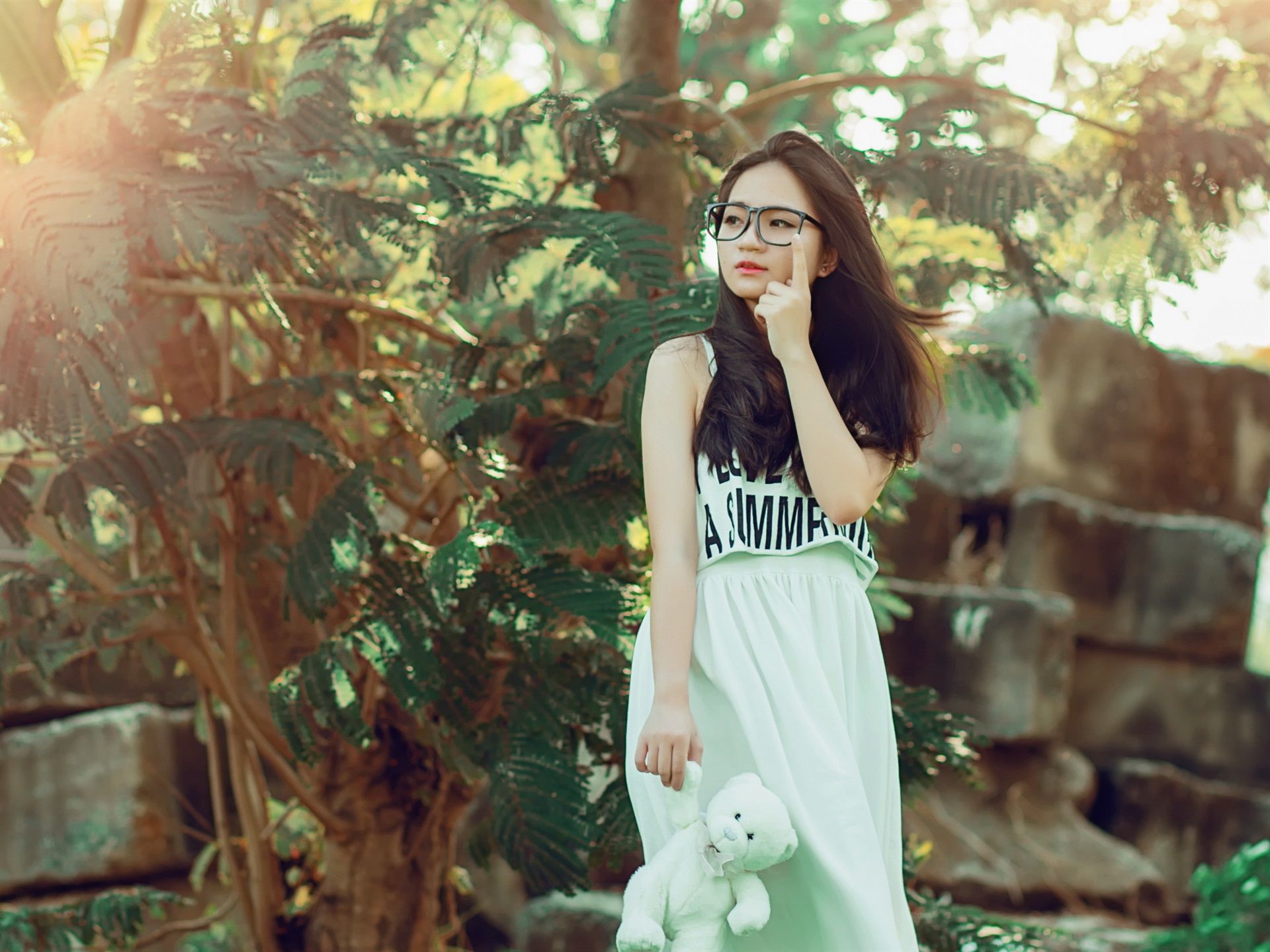 Wallpaper Long hair Asian girl, skirt, glasses, trees, nature 2560x1600 HD Picture, Image