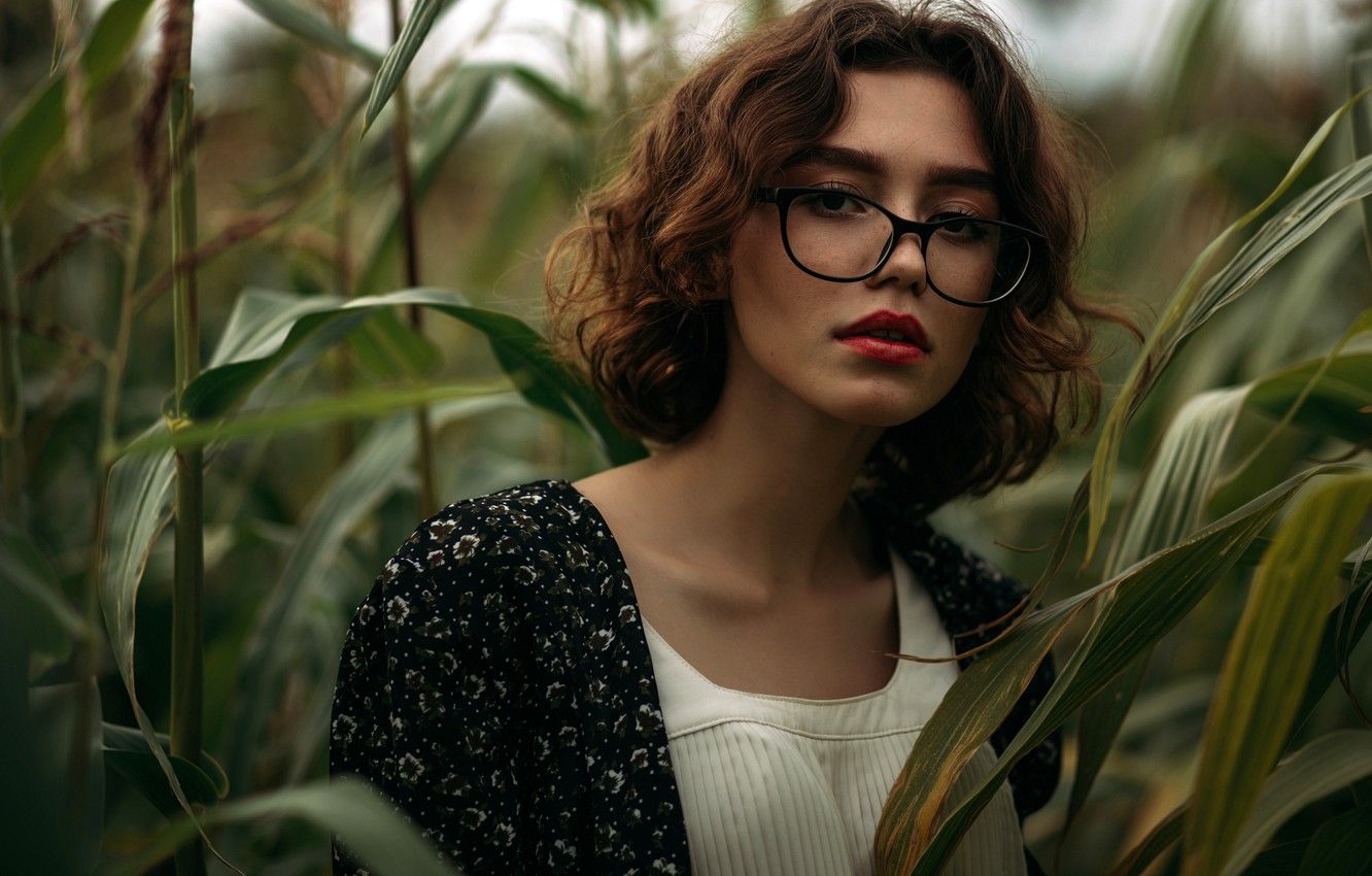 Wallpaper look, leaves, nature, model, portrait, makeup, glasses, hairstyle, brown hair, bokeh, Andrey Monahov image for desktop, section девушки