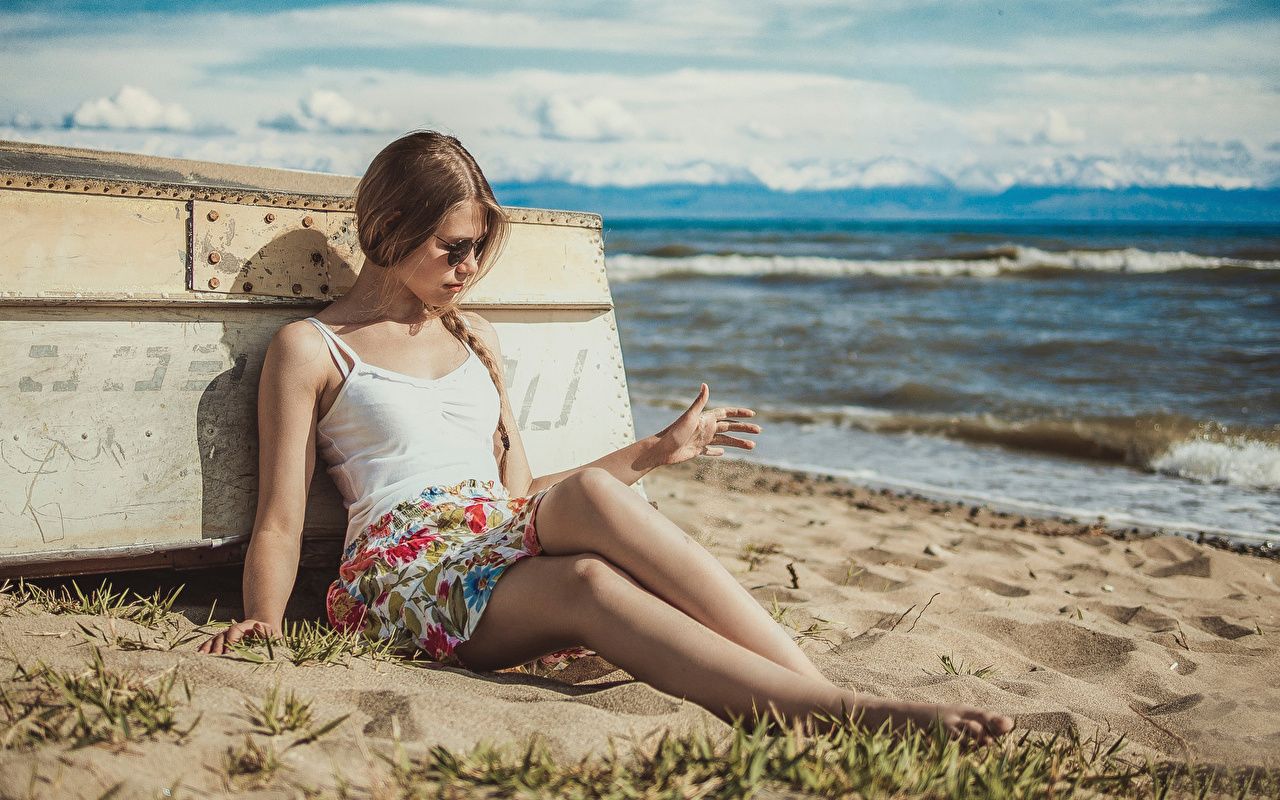 Desktop Wallpaper Skirt Brown haired beaches Sea Girls Nature Sand