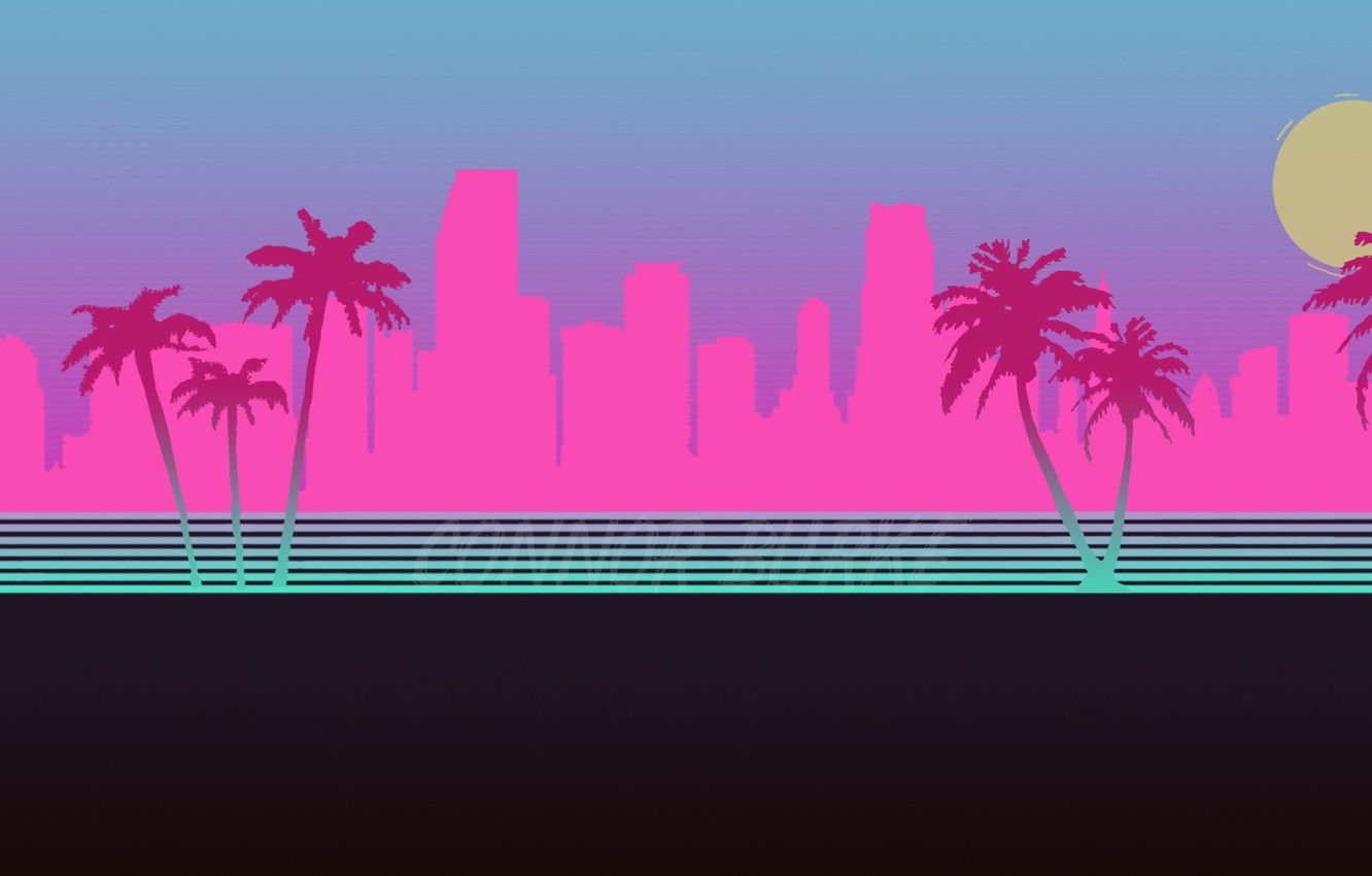 Wallpaper The city, Neon, Palm trees, Silhouette, Background