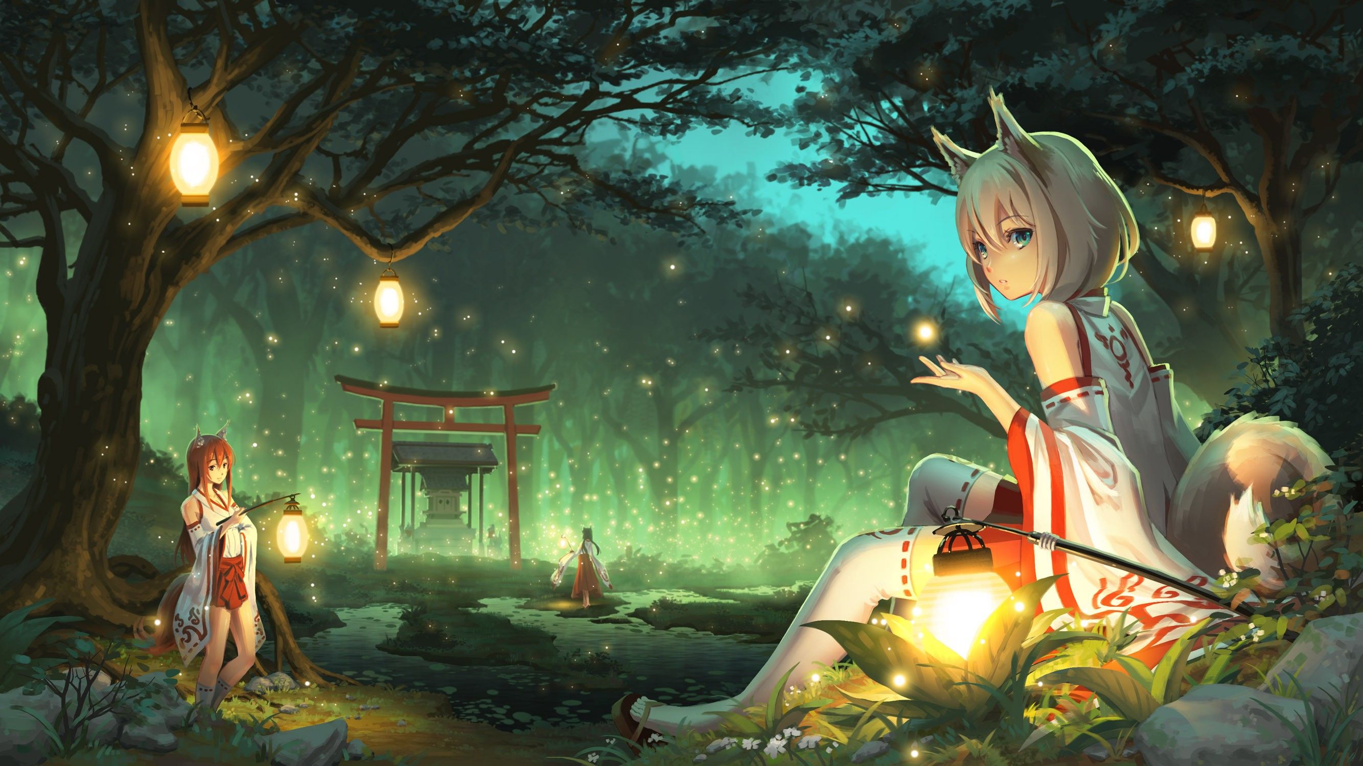 #anime, #miko, #landscape, #kitsunemimi, #tail, #forest
