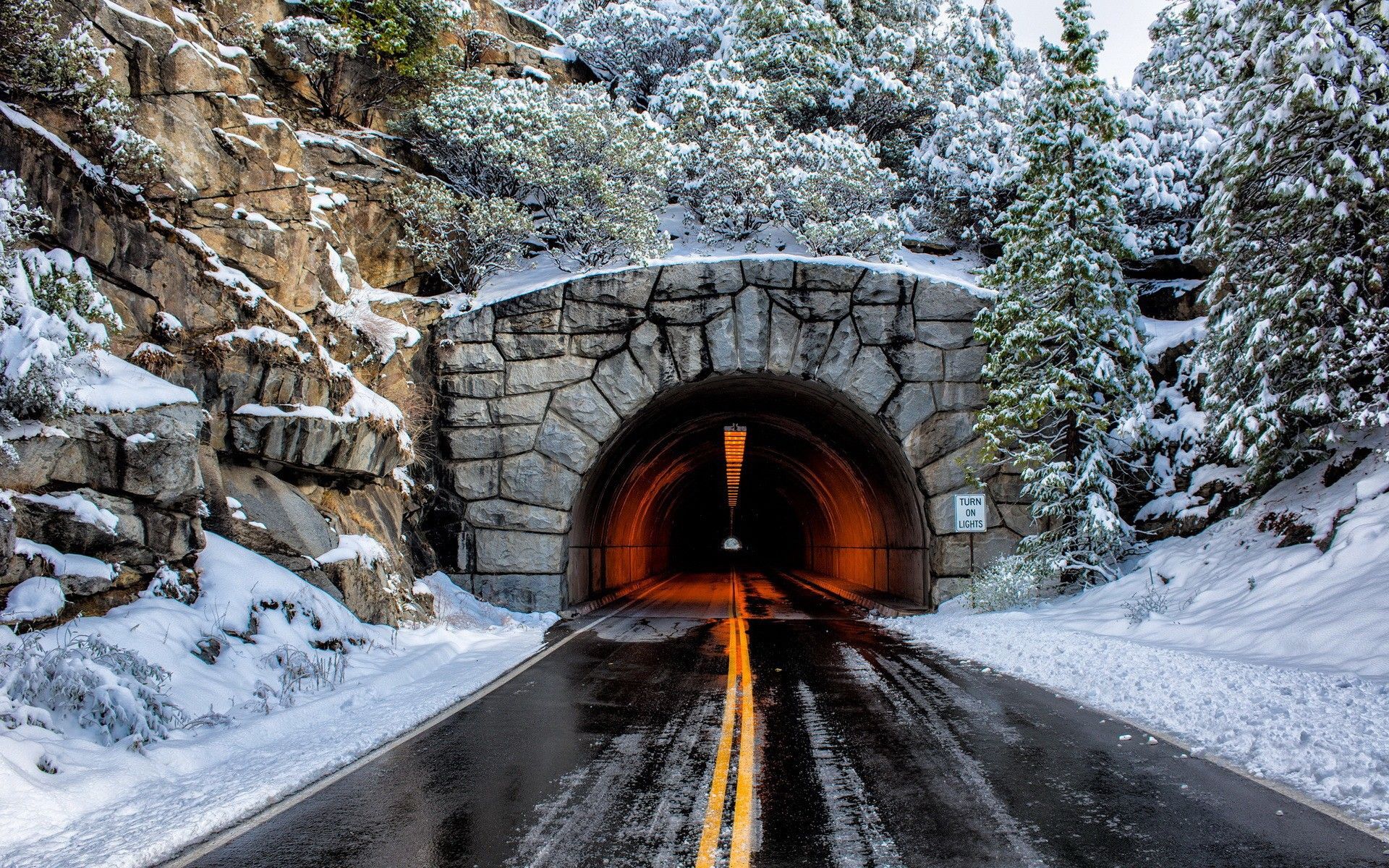 #ice, #rocks, #winter, #road sign, #tunnel, #snow, #trees