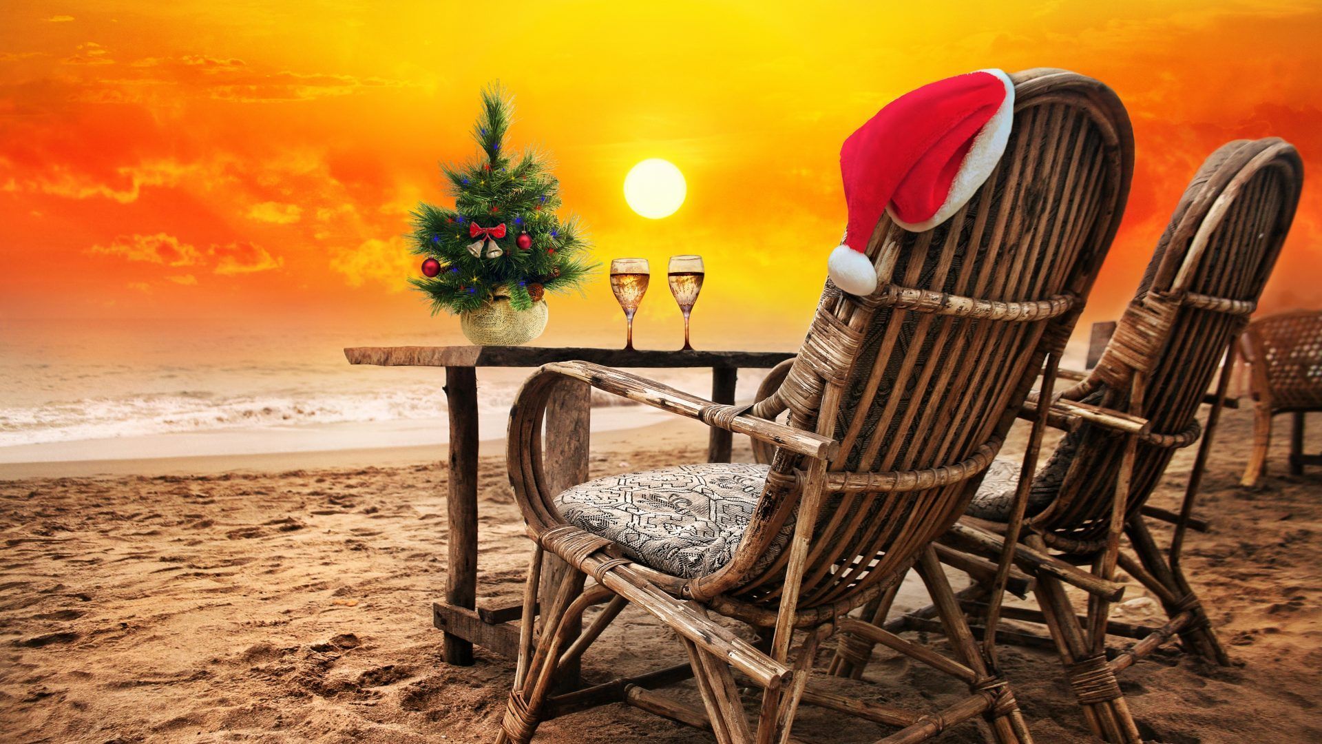 Xmas Christmas Sunset Sand Sea Beach New Year Wallpaper Sunrise