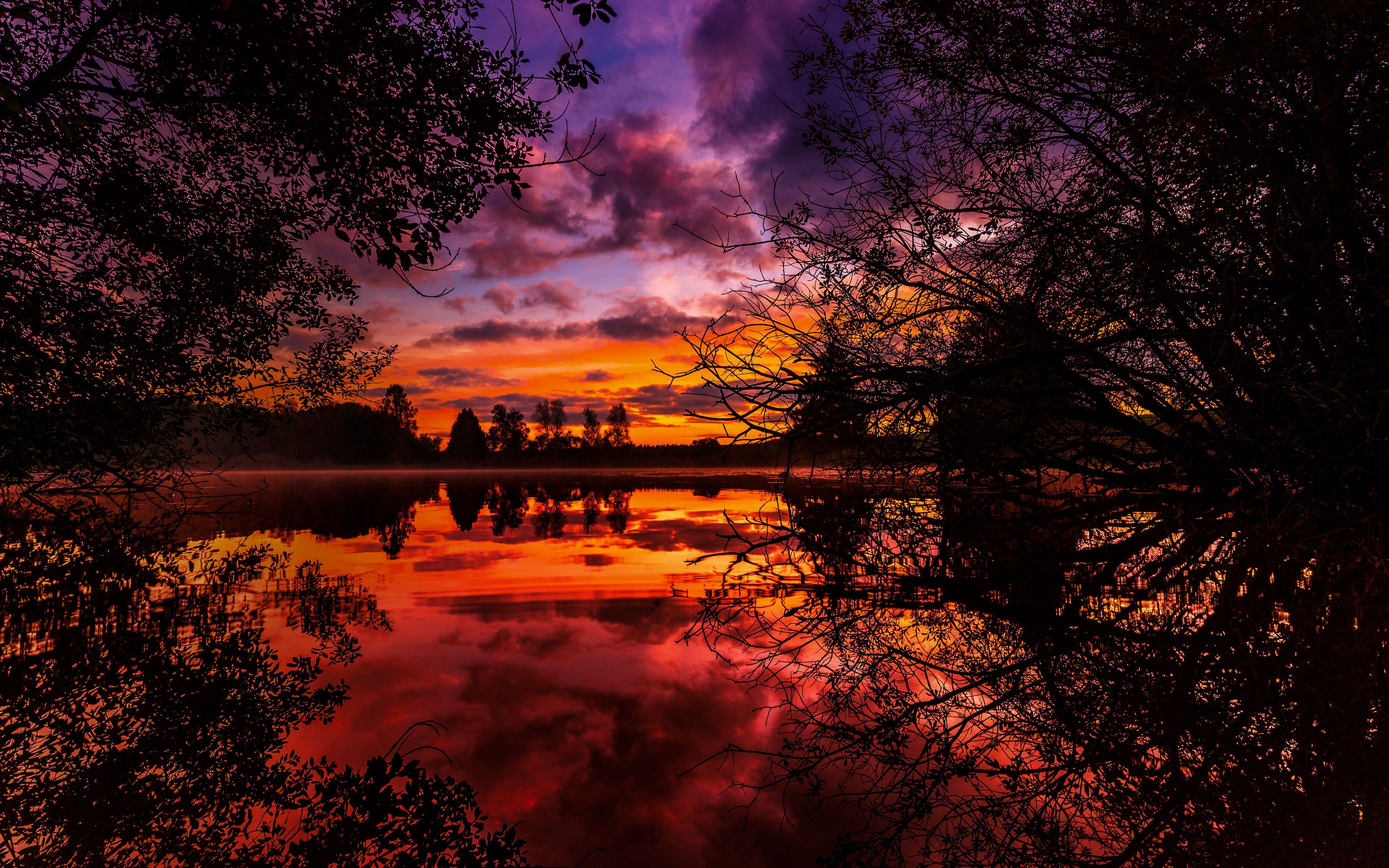 Download wallpaper 3840x2400 sunset, autumn, river, trees 4k ultra