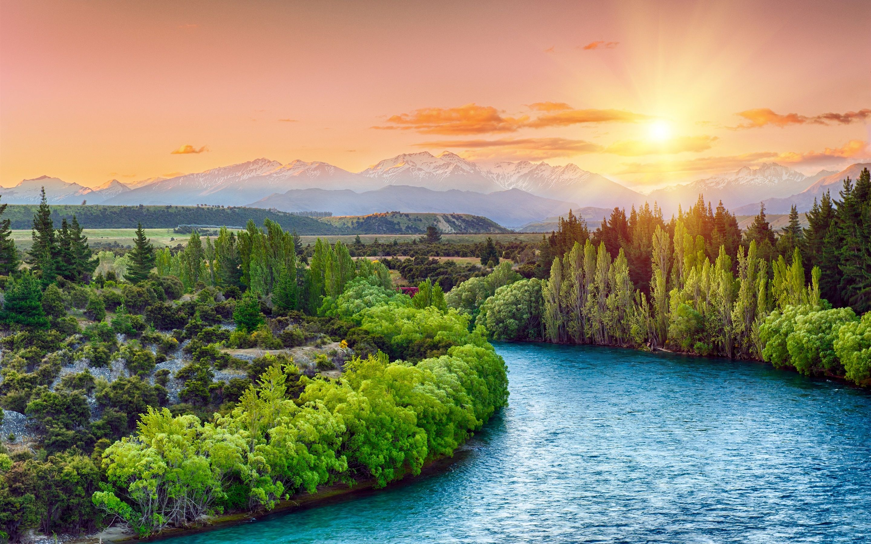 Wallpaper River, trees, sunset, sun rays 2880x1800 HD Picture, Image