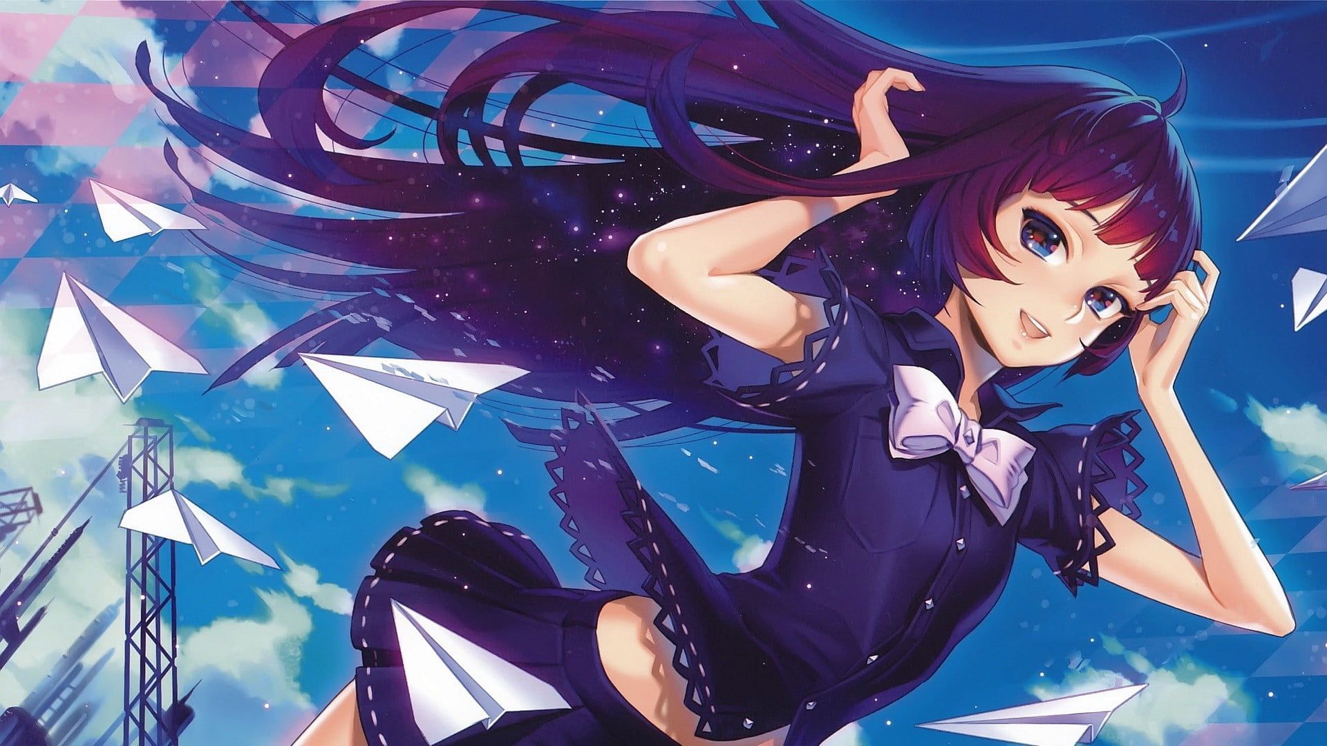 black haired female character illustration anime girls purple hair