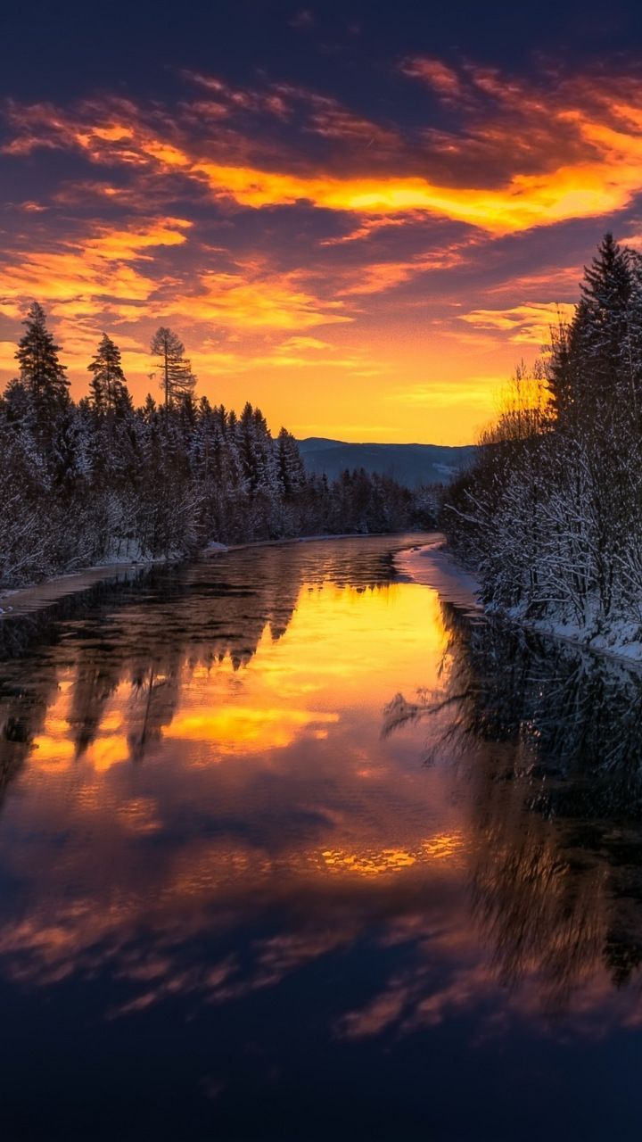 River, trees, winter, sunset, nature, 720x1280 wallpaper. Lindas