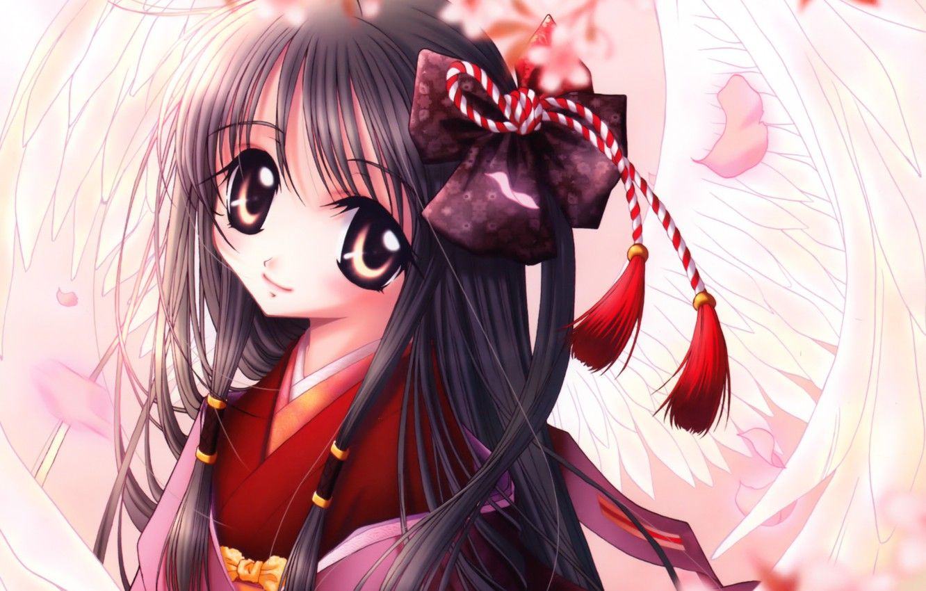 Wallpaper girl, anime, wings, japanese, kimono, bishojo, tenshi
