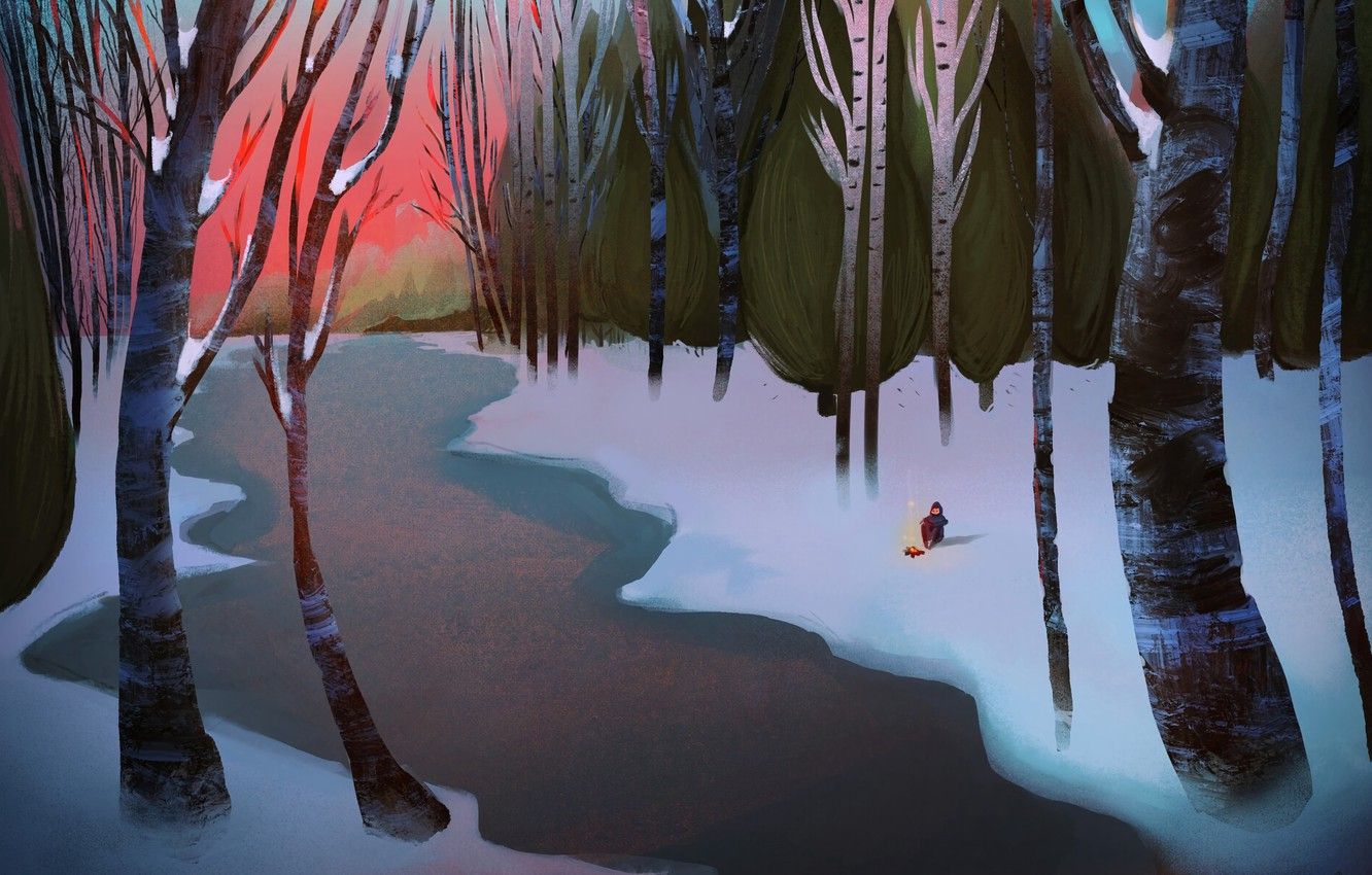 Wallpaper forest, river, trees, sunset, art, winter, snow, man