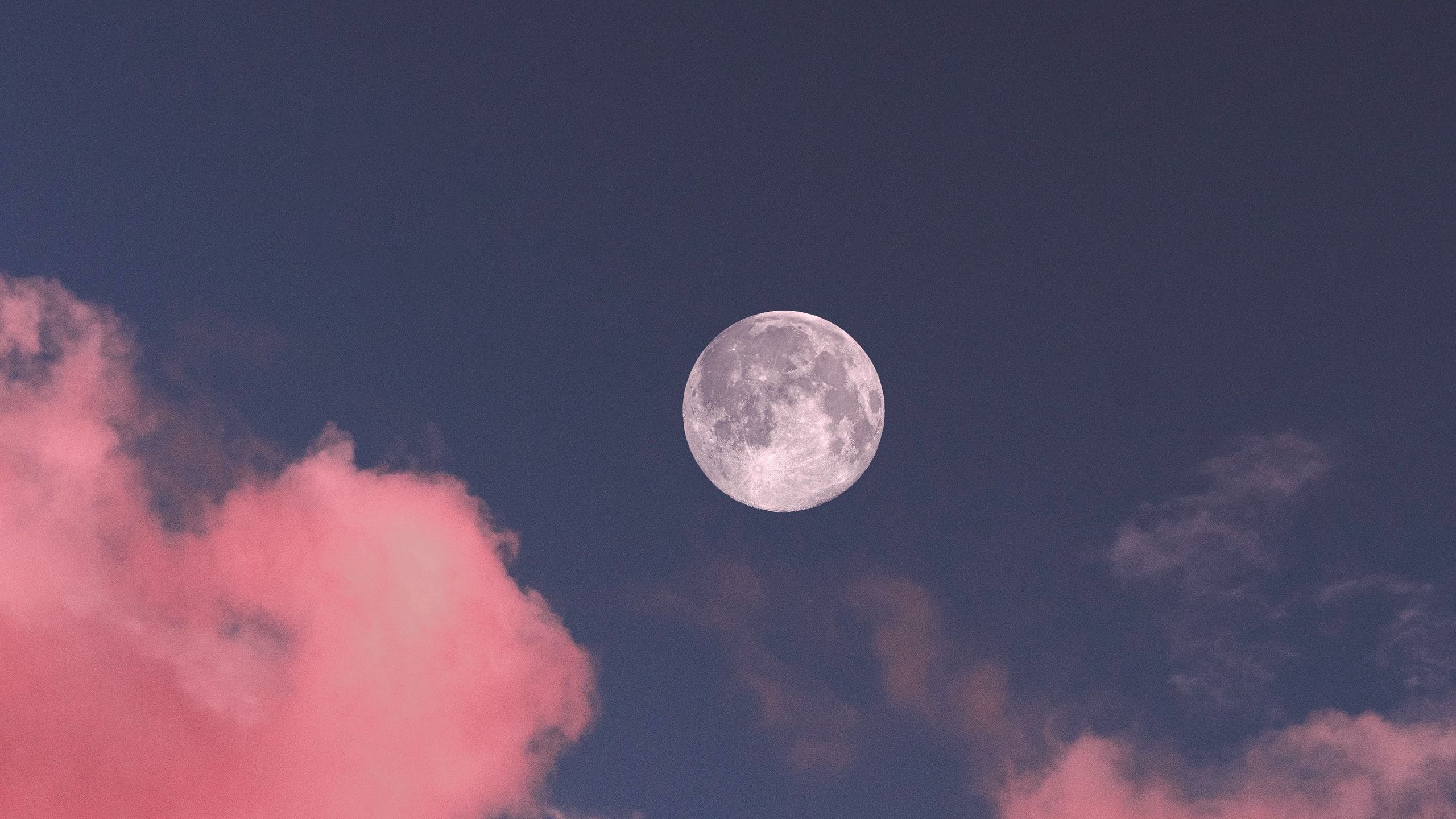 Download wallpaper 2560x1440 moon, clouds, pink, sky, full moon