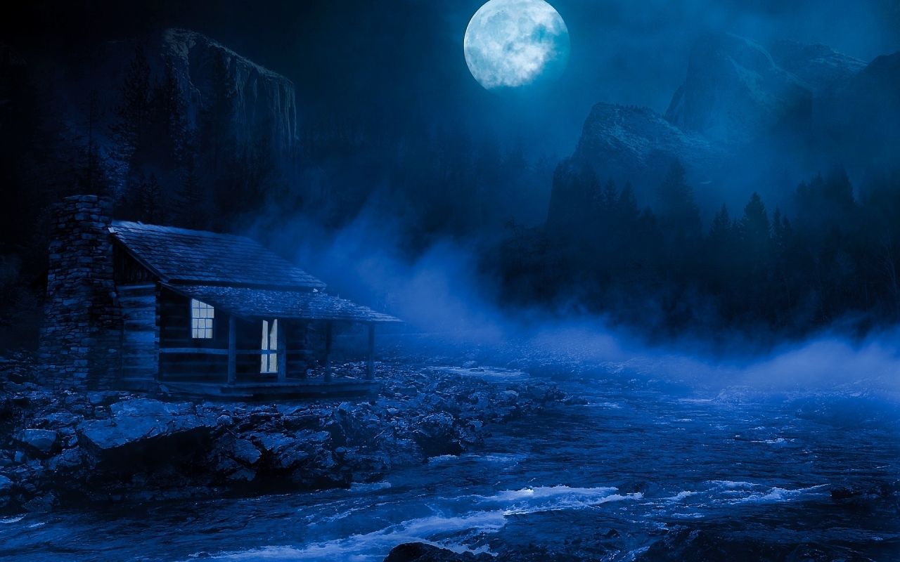 Full Moon over Lakeside Cabin 1280x800 Resolution