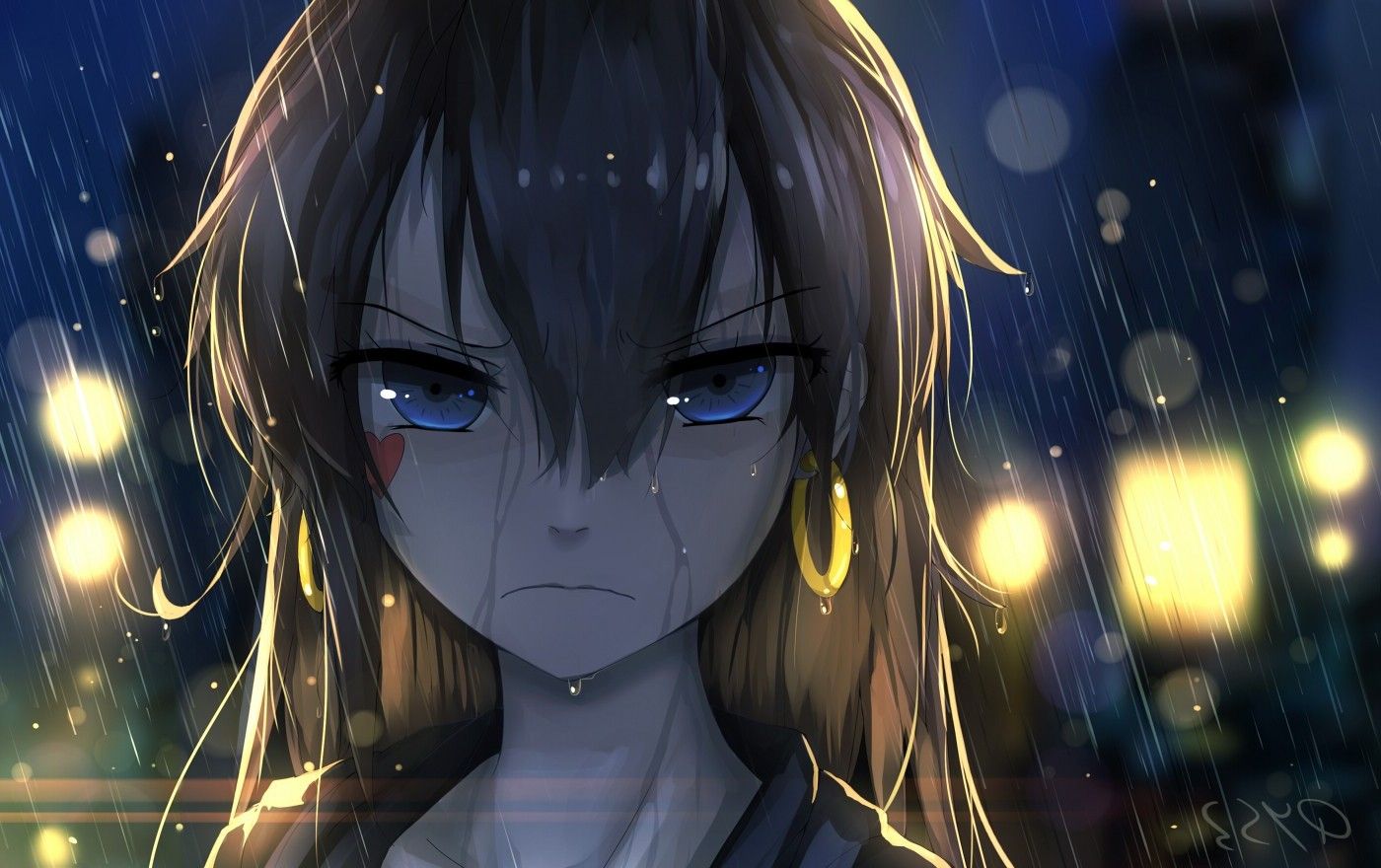 Anime, Rain, Blue Eyes, Original Characters, Earrings