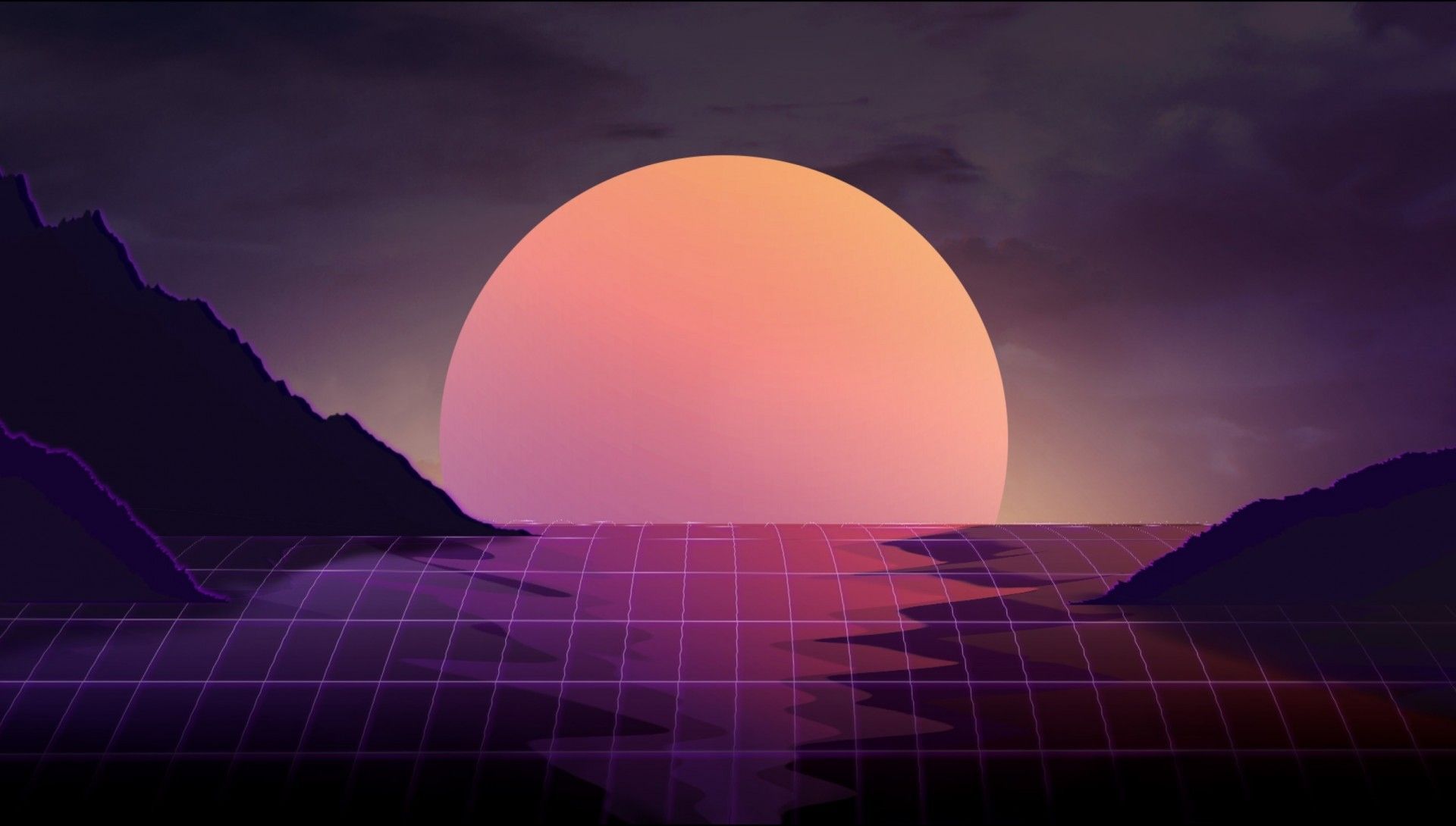 Download 1920x1090 Synthwave, Retrowave, Sunset, Neon Lights, Landscape Wallpaper