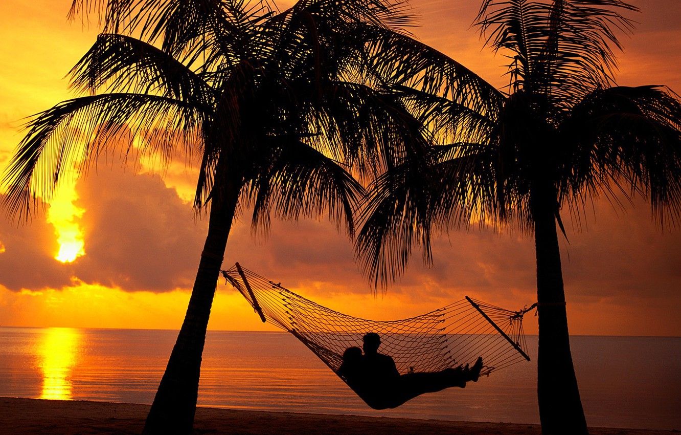 Wallpaper relax, girl, beach, twilight, sky, trees, sea, sunset