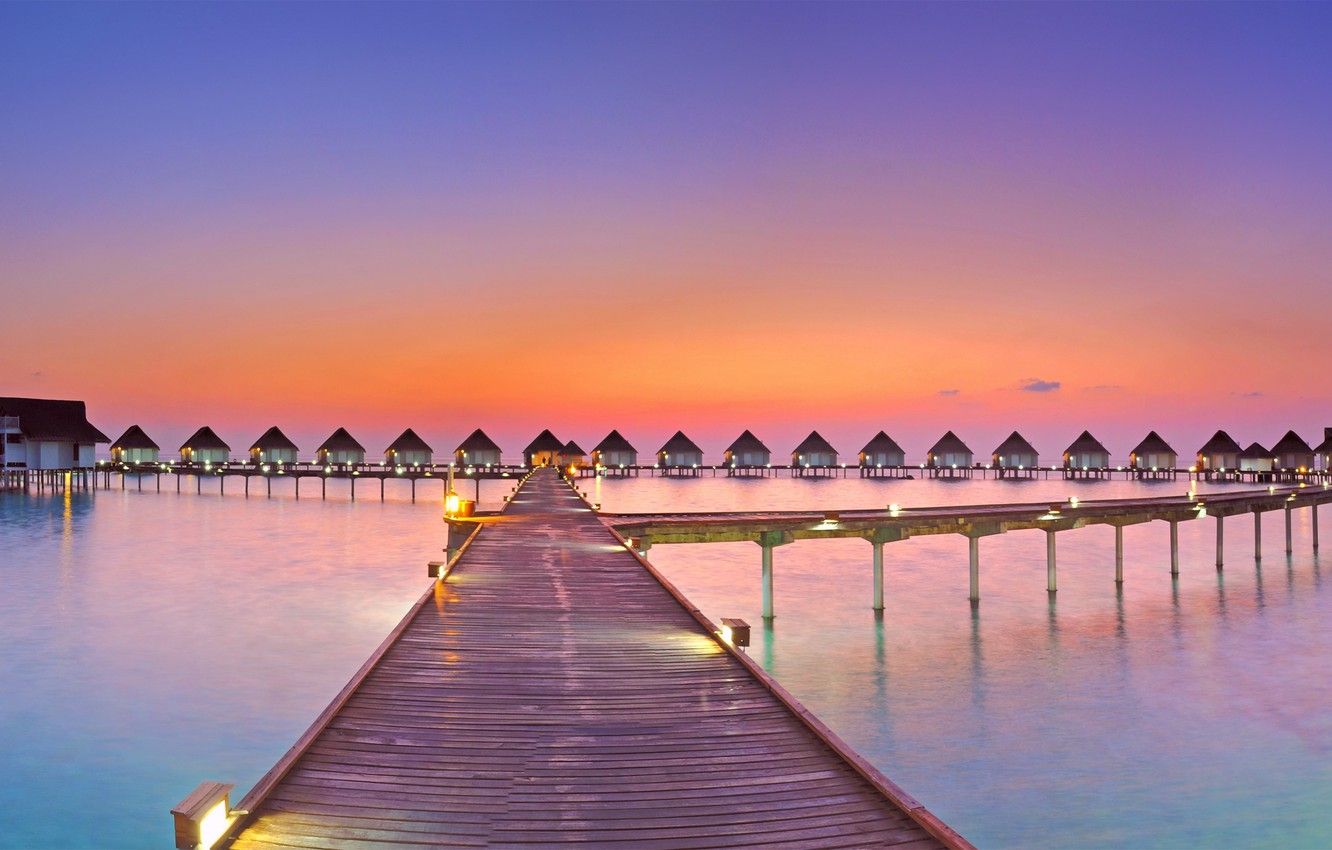 Wallpaper ocean, sunset, panorama, Maldives, resort image
