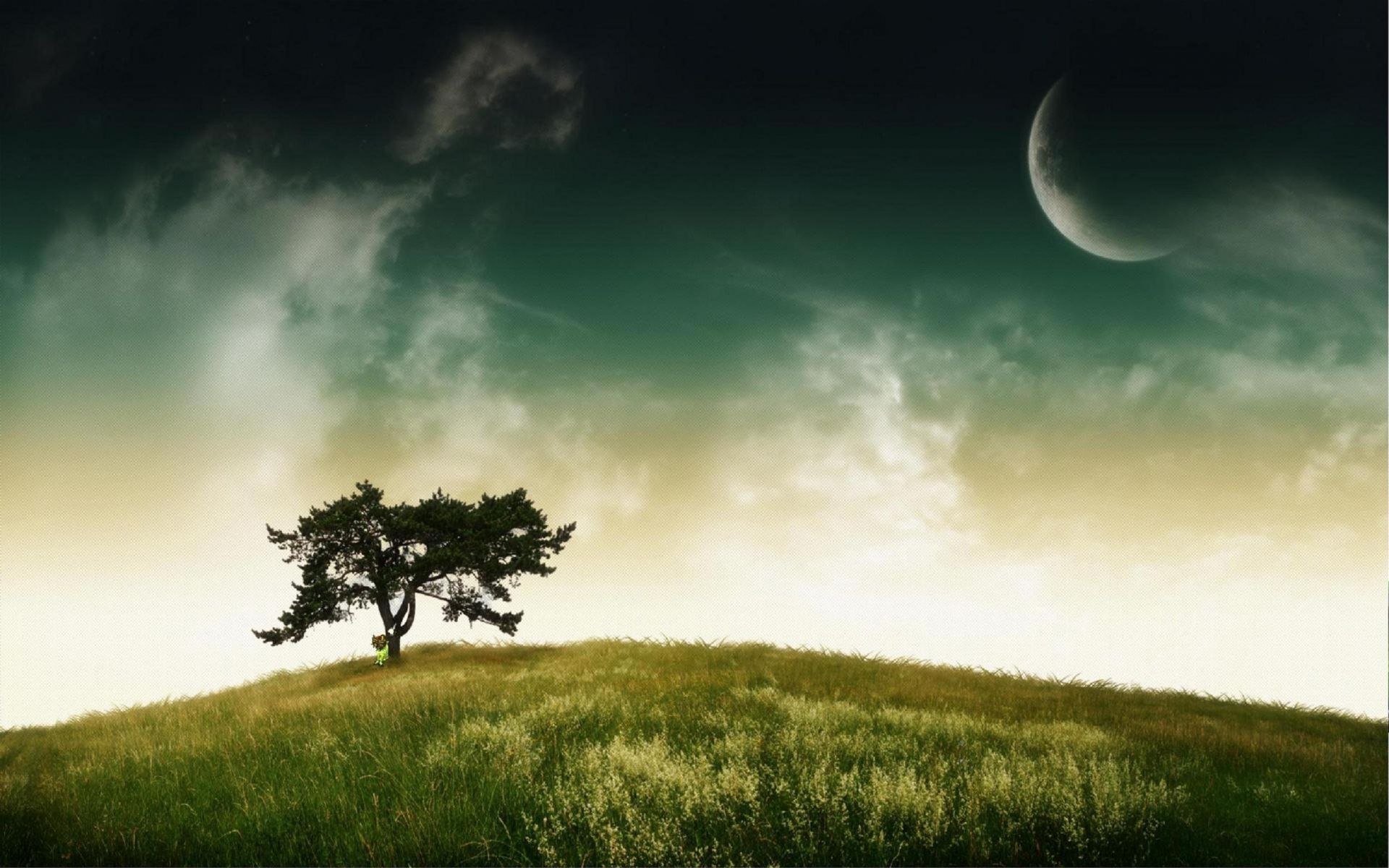 Green Sky Moon Tree & Grass desktop PC and Mac wallpaper