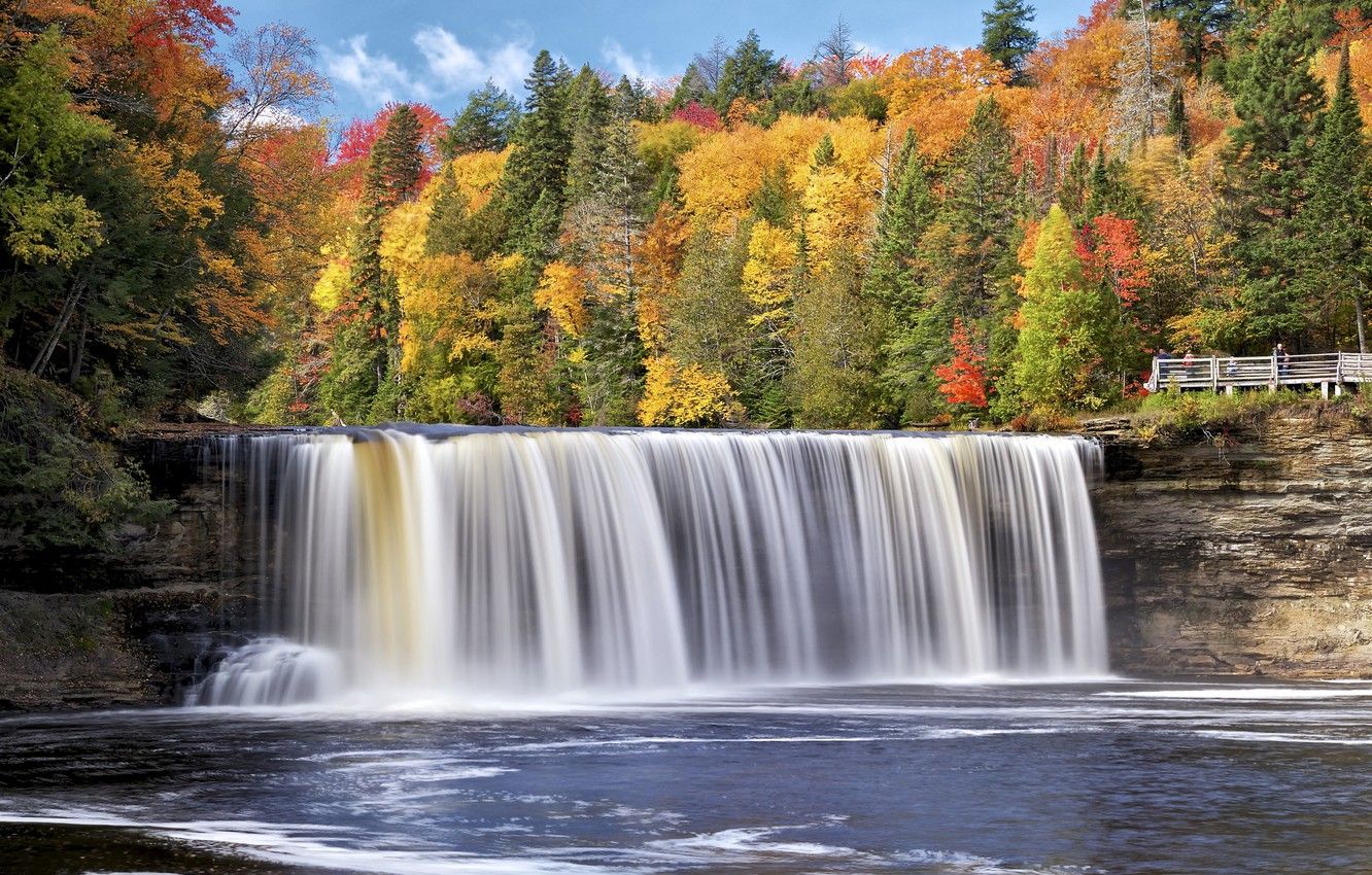 Wallpaper autumn, forest, trees, river, waterfall, Michigan