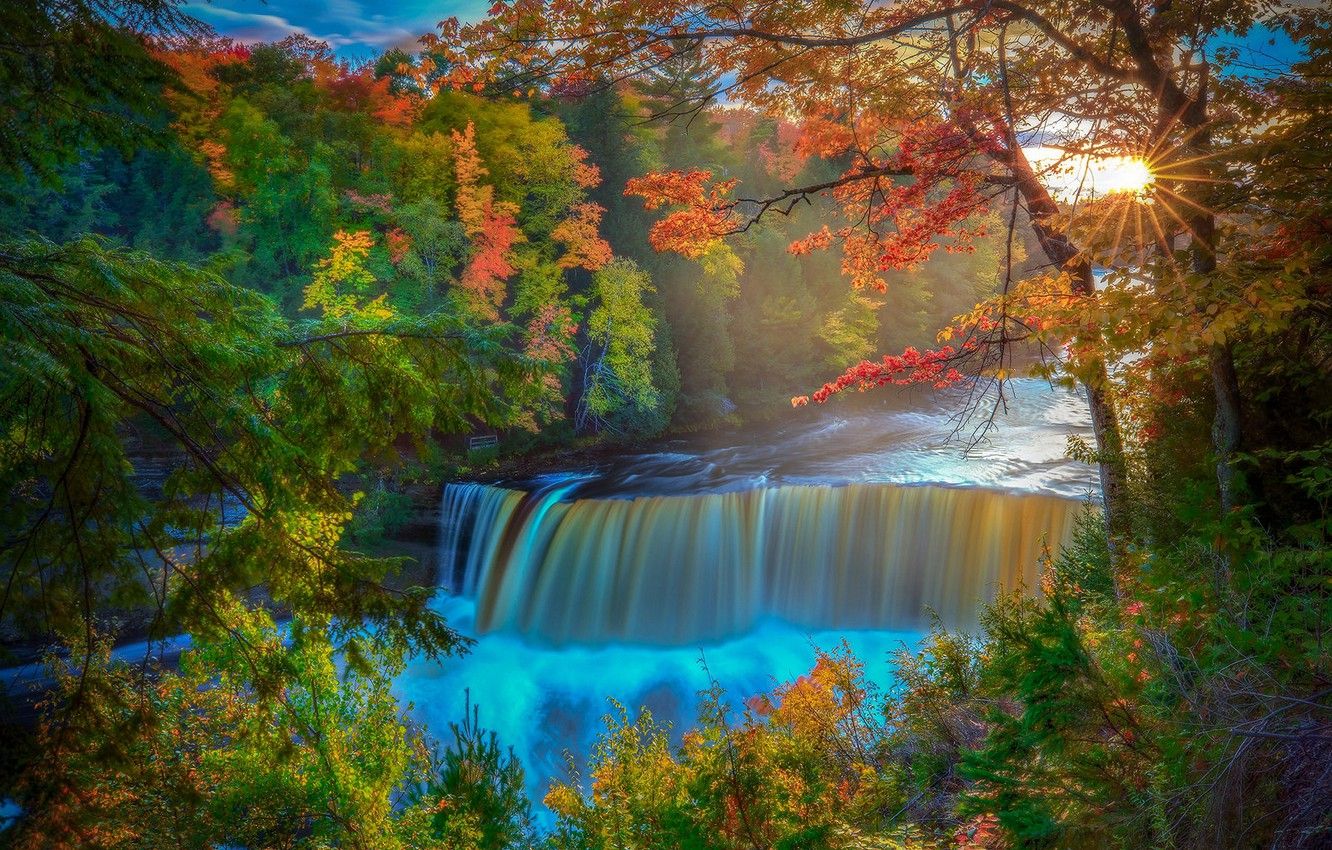 Wallpaper autumn, forest, trees, river, waterfall, Michigan