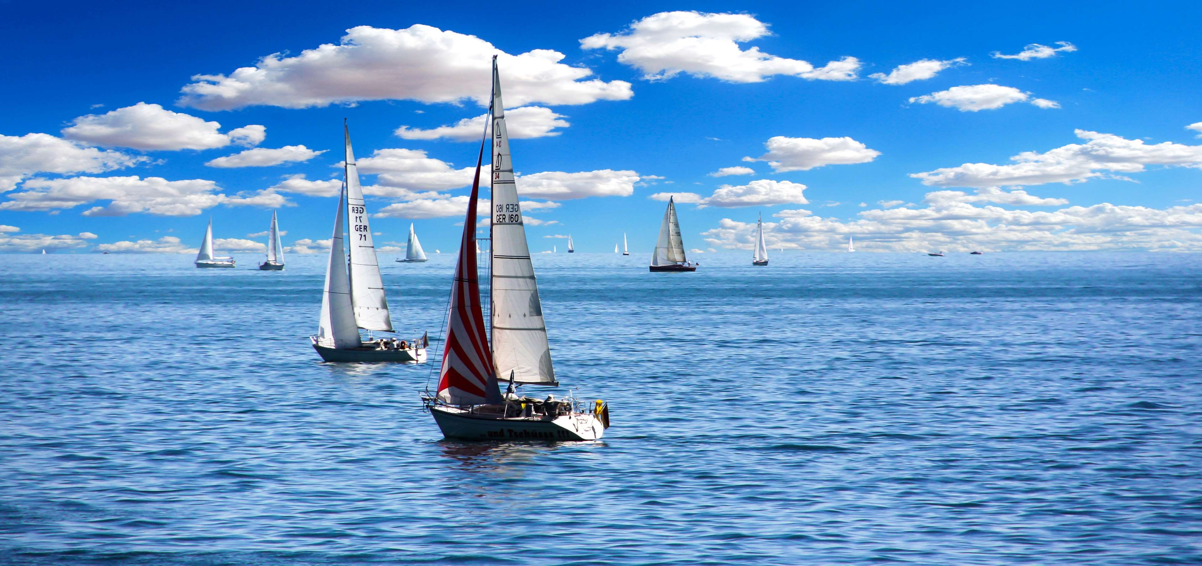 boats, clouds, ocean, sailboats, sailing, sea, water