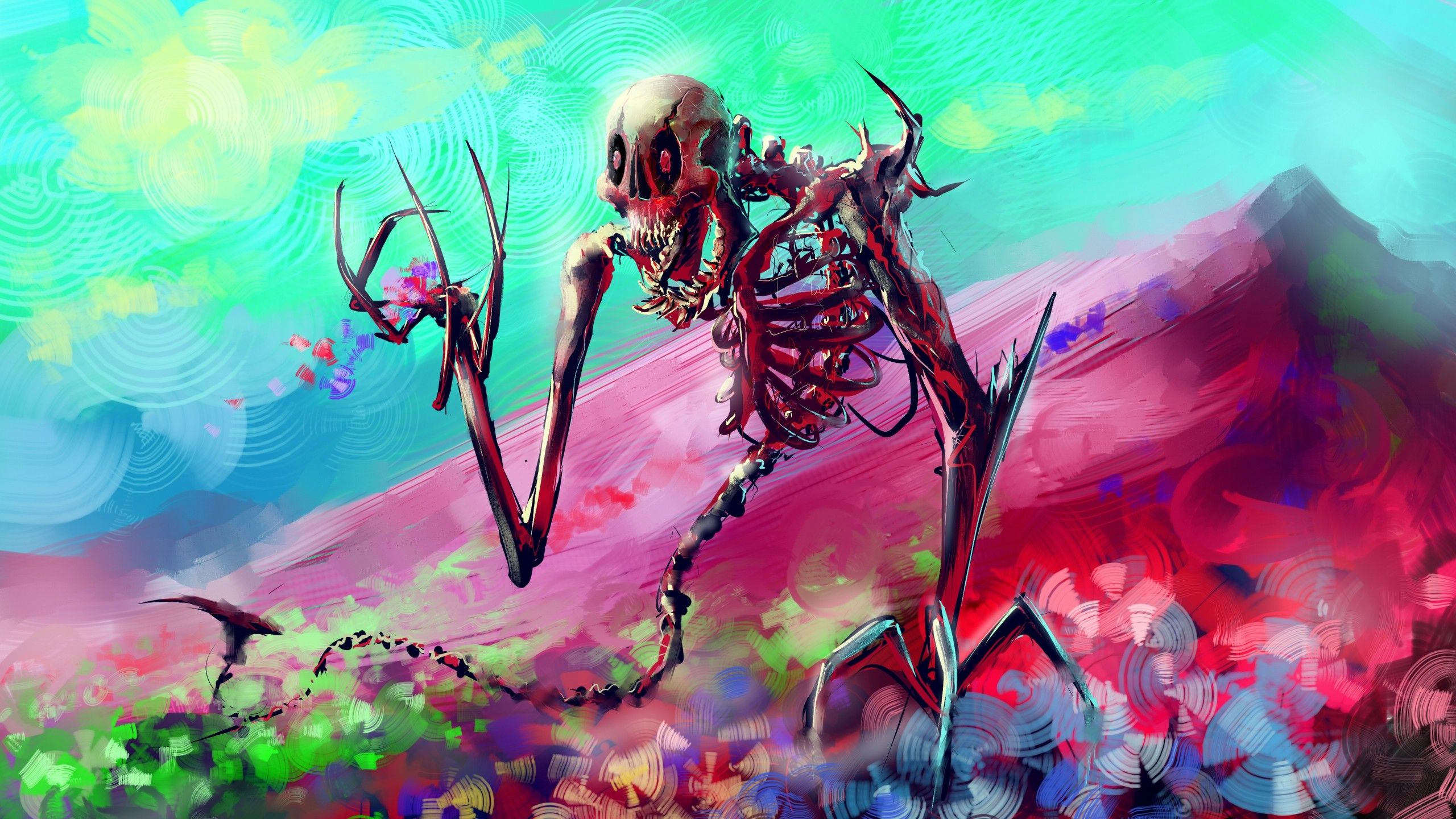 #artwork, #mountains, #skeleton, #flowers, #fantasy art