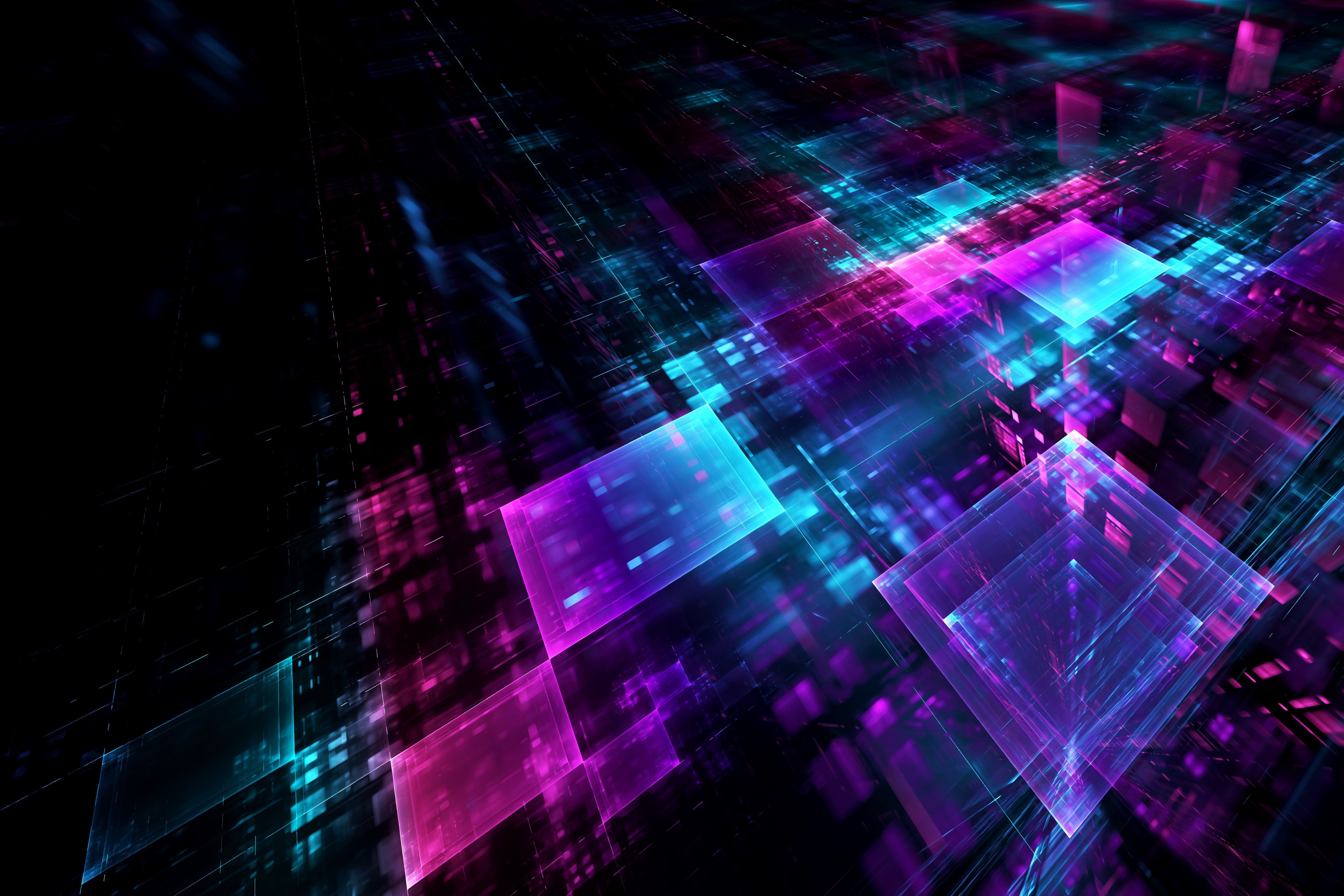 Cubes Grid Colorful Neon Lights 3D. Abstract wallpaper