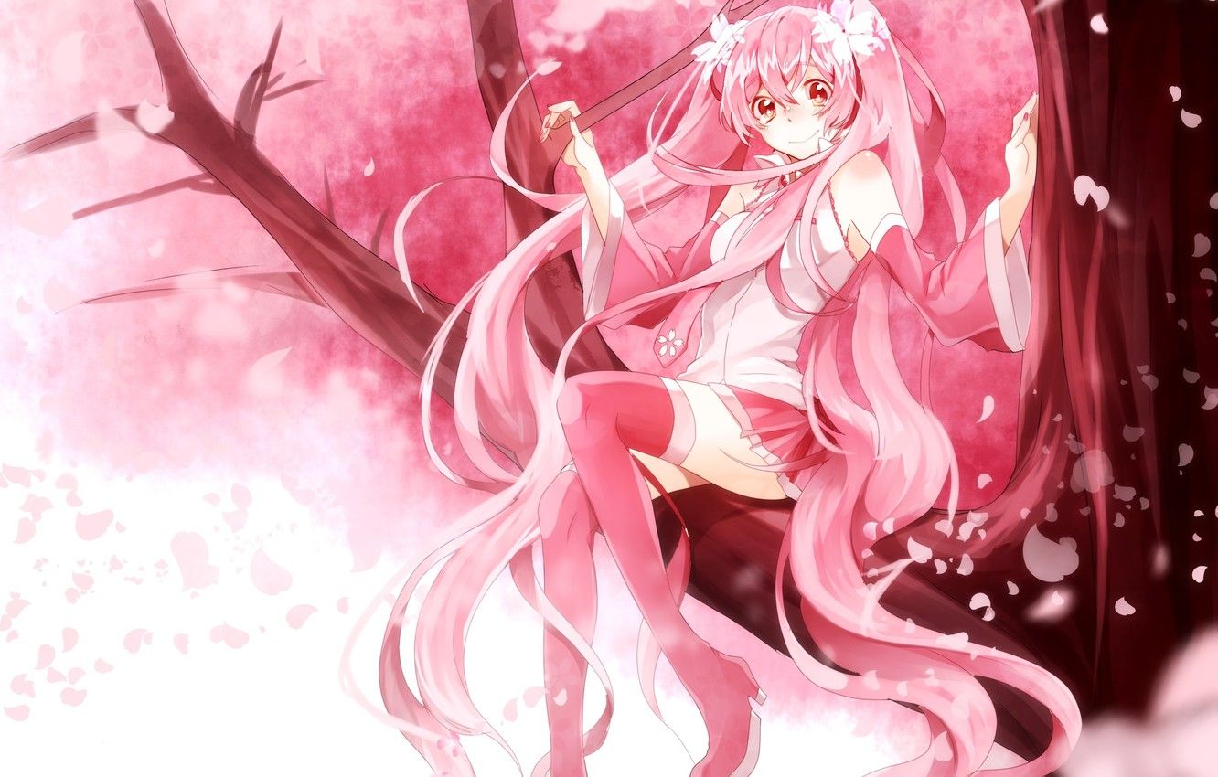 Wallpaper girl, tree, anime, petals, Sakura, art, vocaloid, sakura