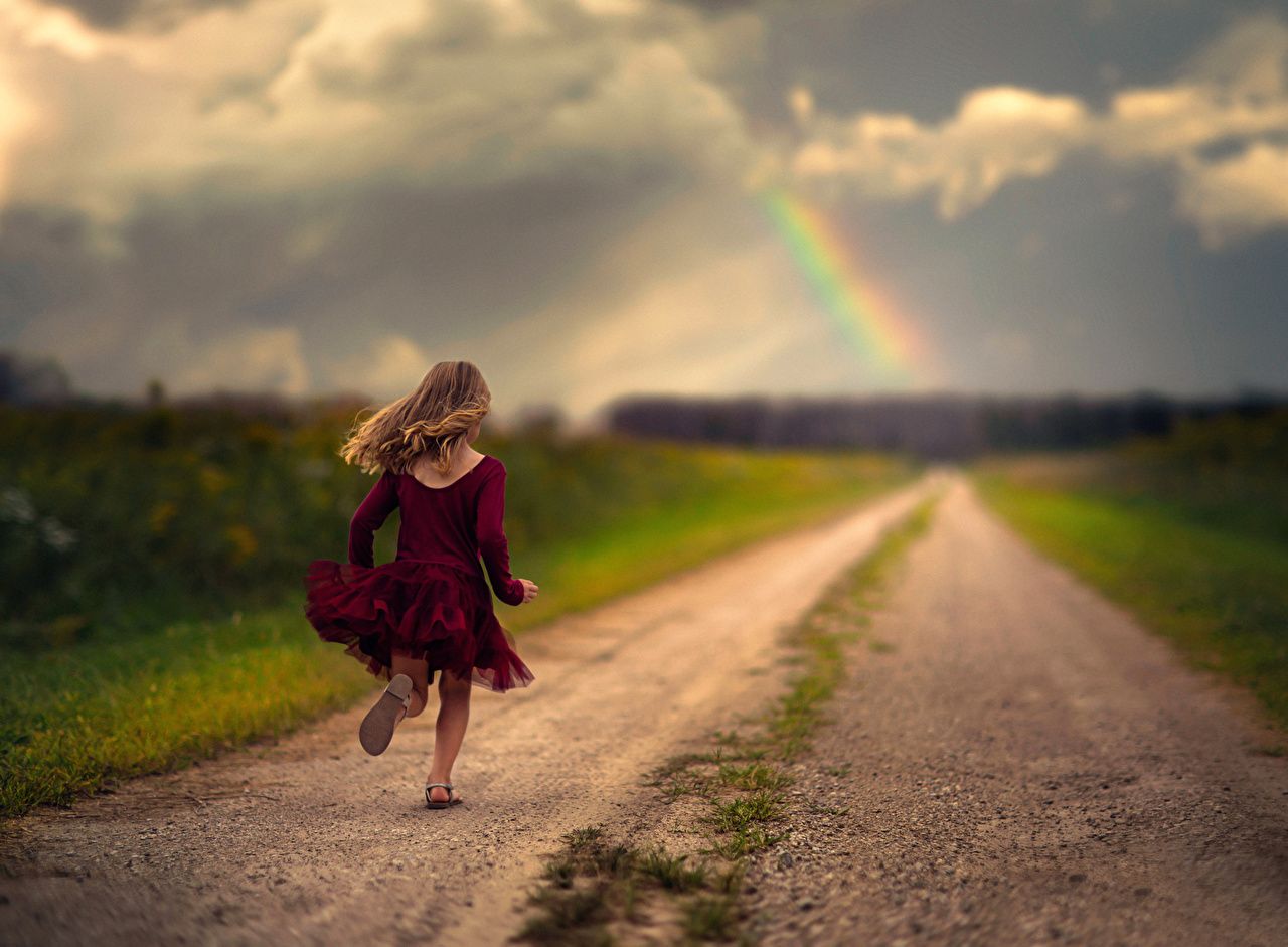 Wallpaper Little girls Running child Rainbow Roads