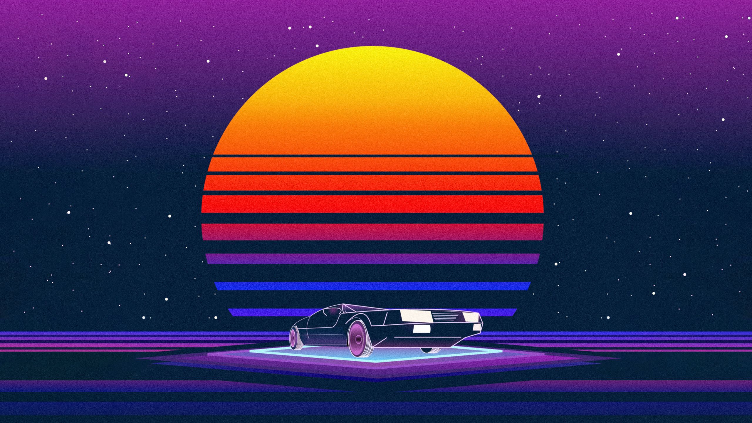 Download 2560x1440 wallpaper retrowave, moon and car, art, dual