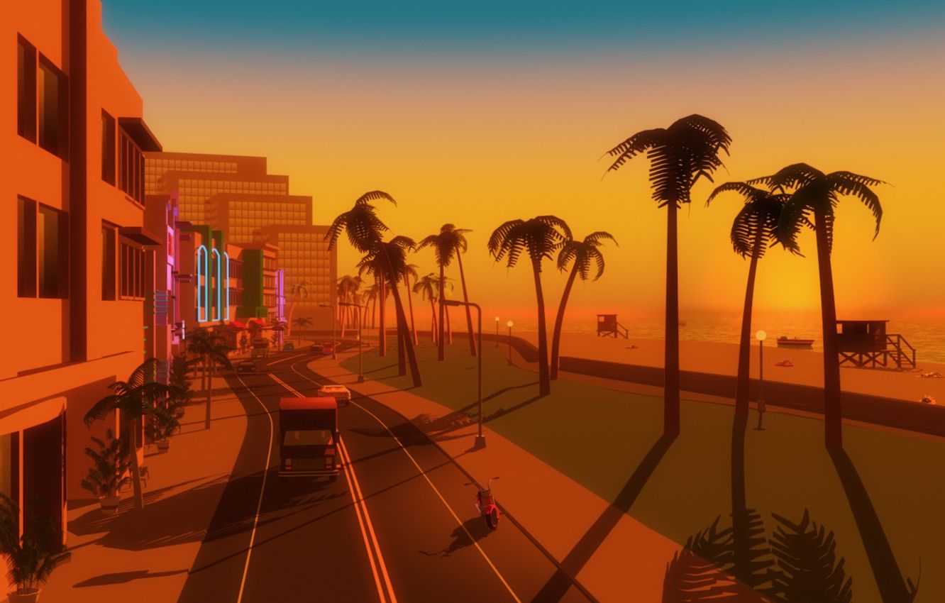 Wallpaper Sunset, Sea, Beach, Miami, The city, Neon, Street, Machine, Graphics, Electronic, Vice City, Synthpop, Retrowave, Synthwave, Synth pop, Washington Beach image for desktop, section рендеринг